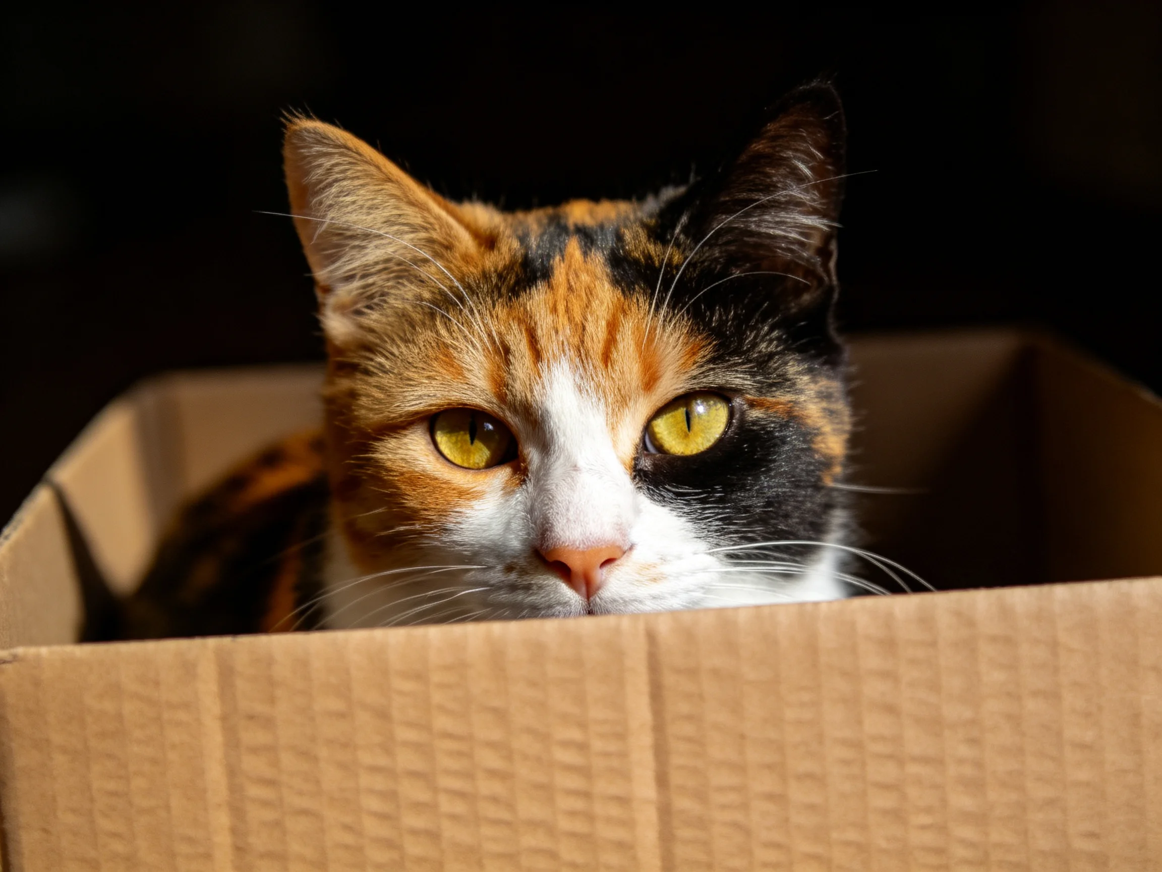 A tri-colored calico cat peeks from a brown cardboard box.