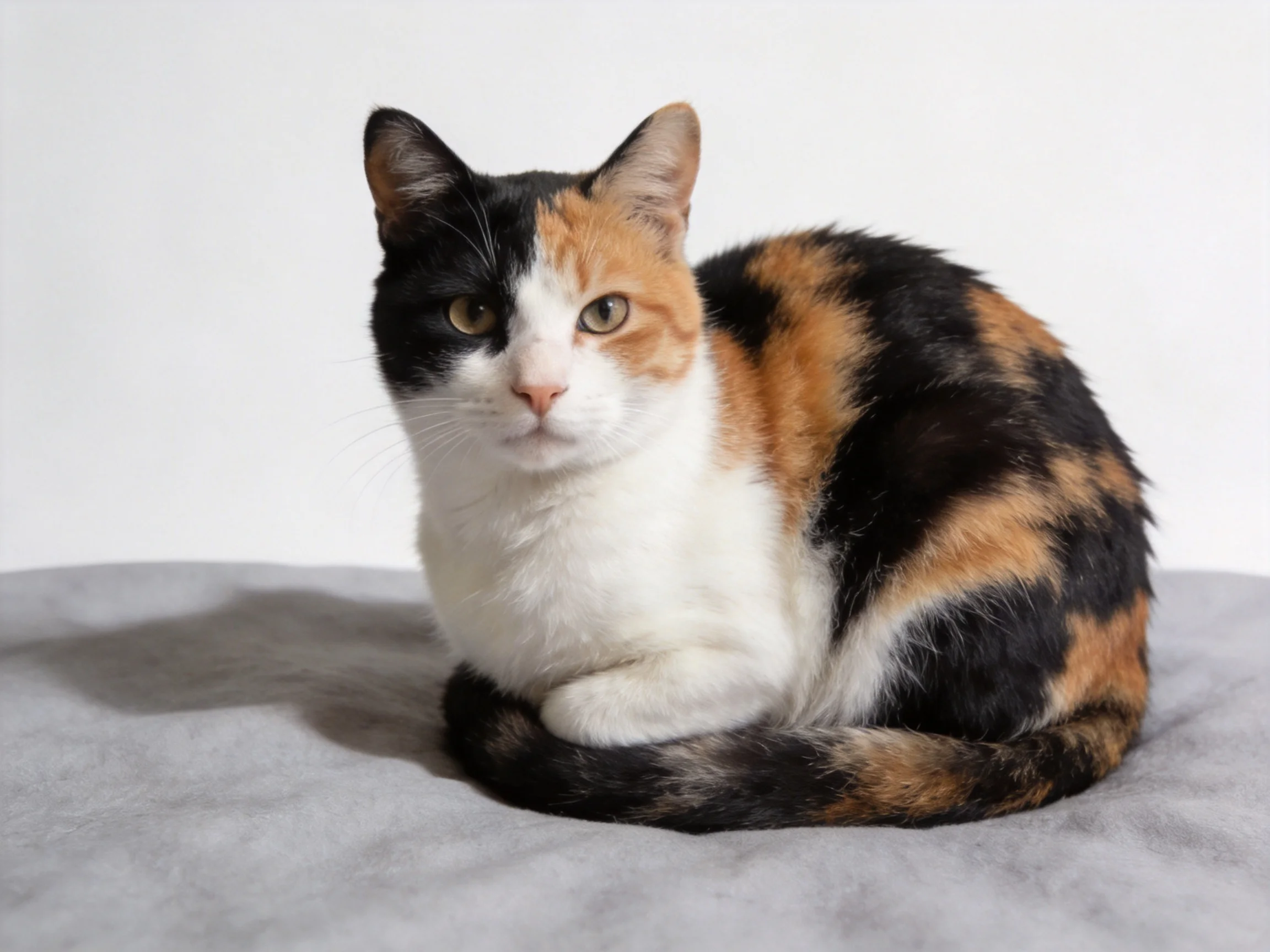 A tri-colored calico cat sits calmly on a soft gray fabric.