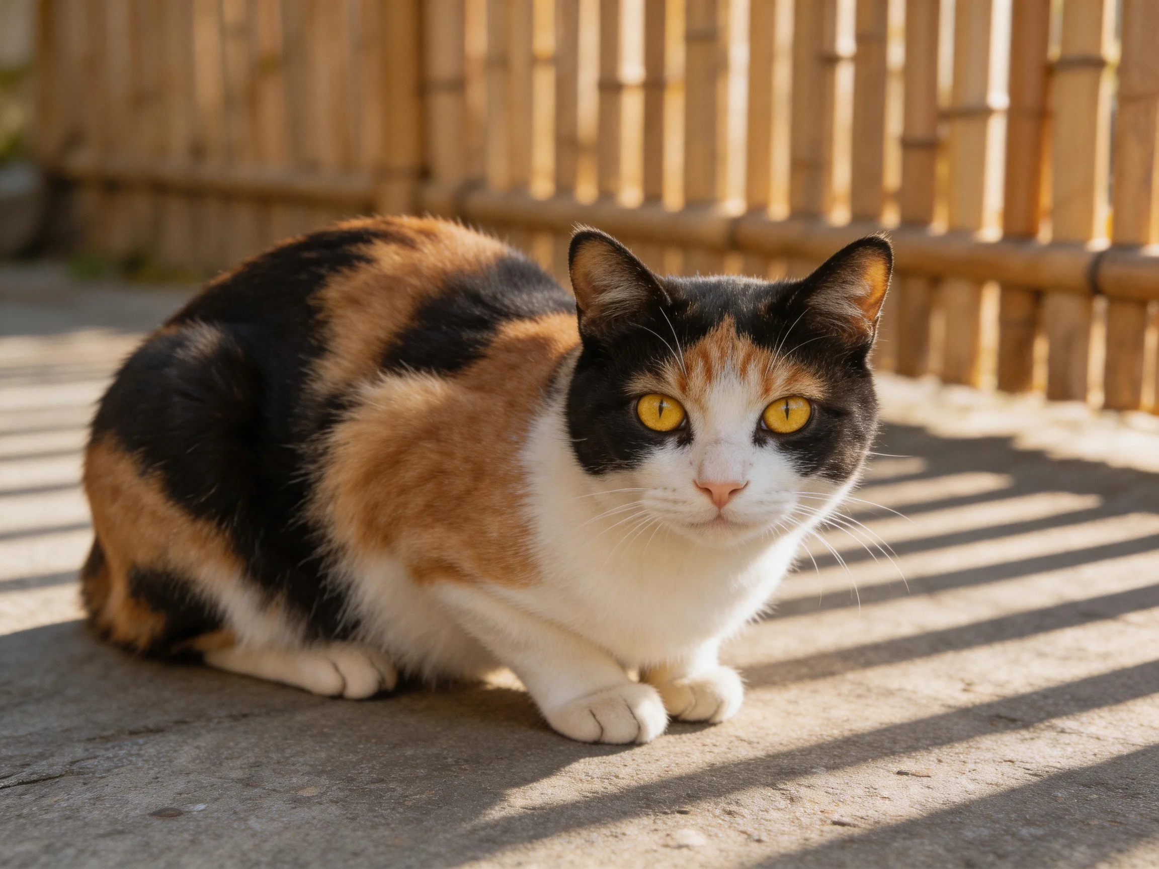 A tri-colored calico cat sits near a bamboo fence in sunlight