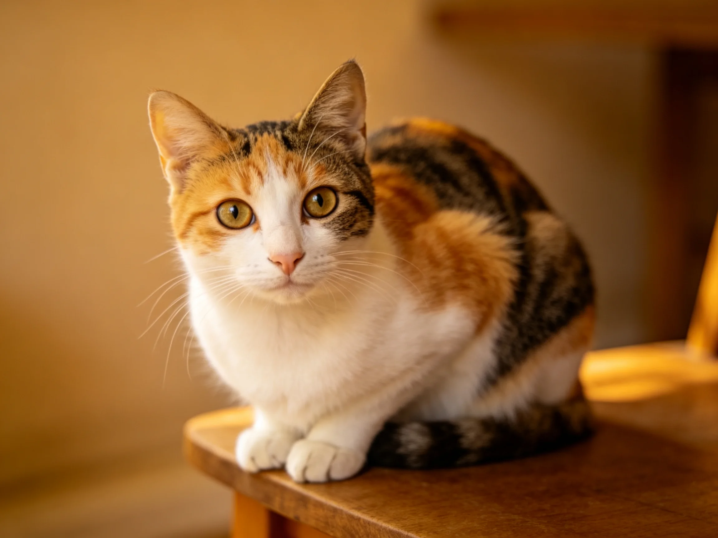 A tri-colored calico cat sits calmly on a wooden chair in a warmly lit area.