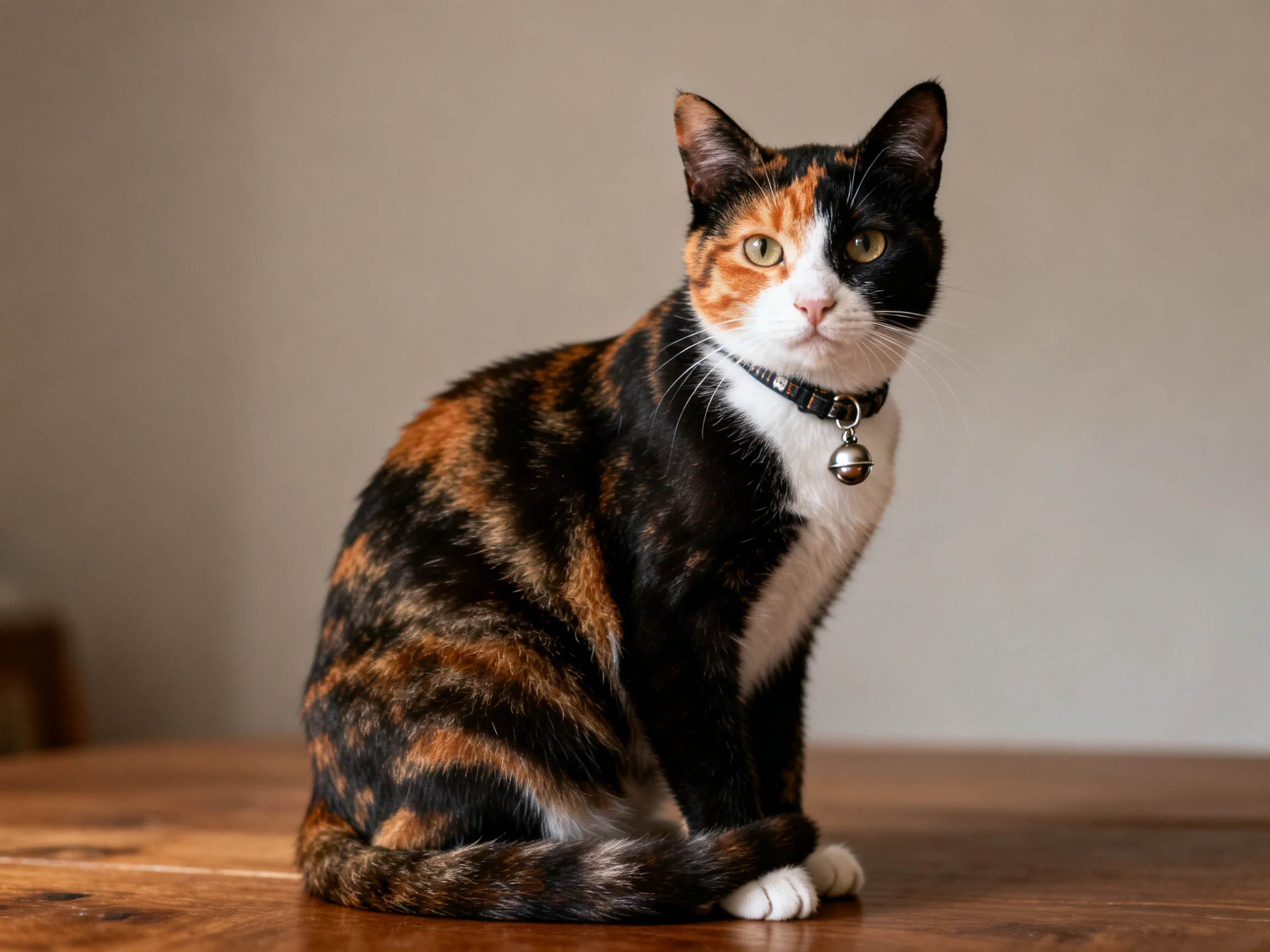 A tri-colored calico cat sits calmly on a wooden surface wearing a bell collar.