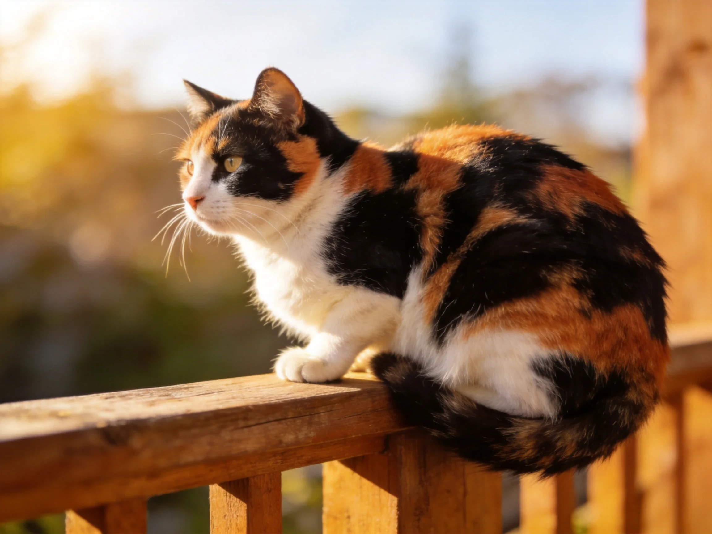 A calico cat with black, orange, and white fur sits on a wooden railing in sunlight.