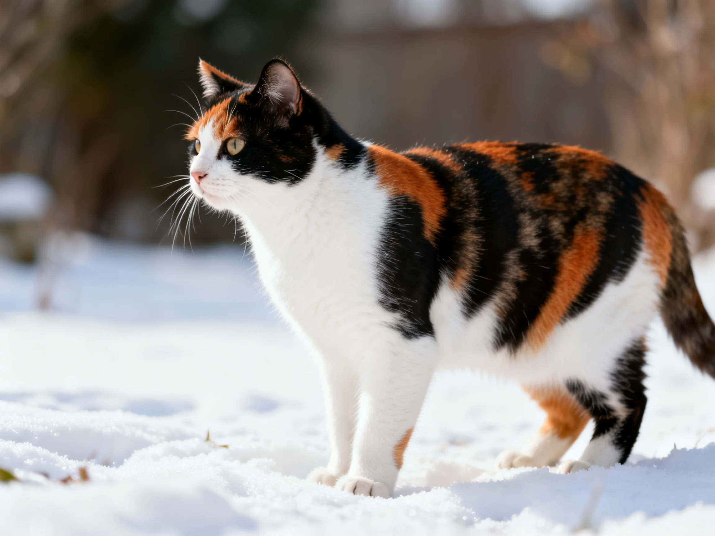 A tri-colored calico cat standing on snowy ground outside