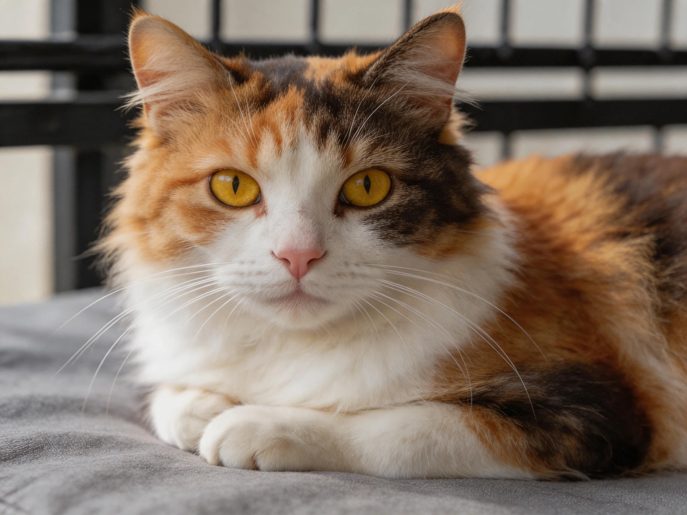 A tri-colored calico cat with yellow eyes rests on a gray fabric