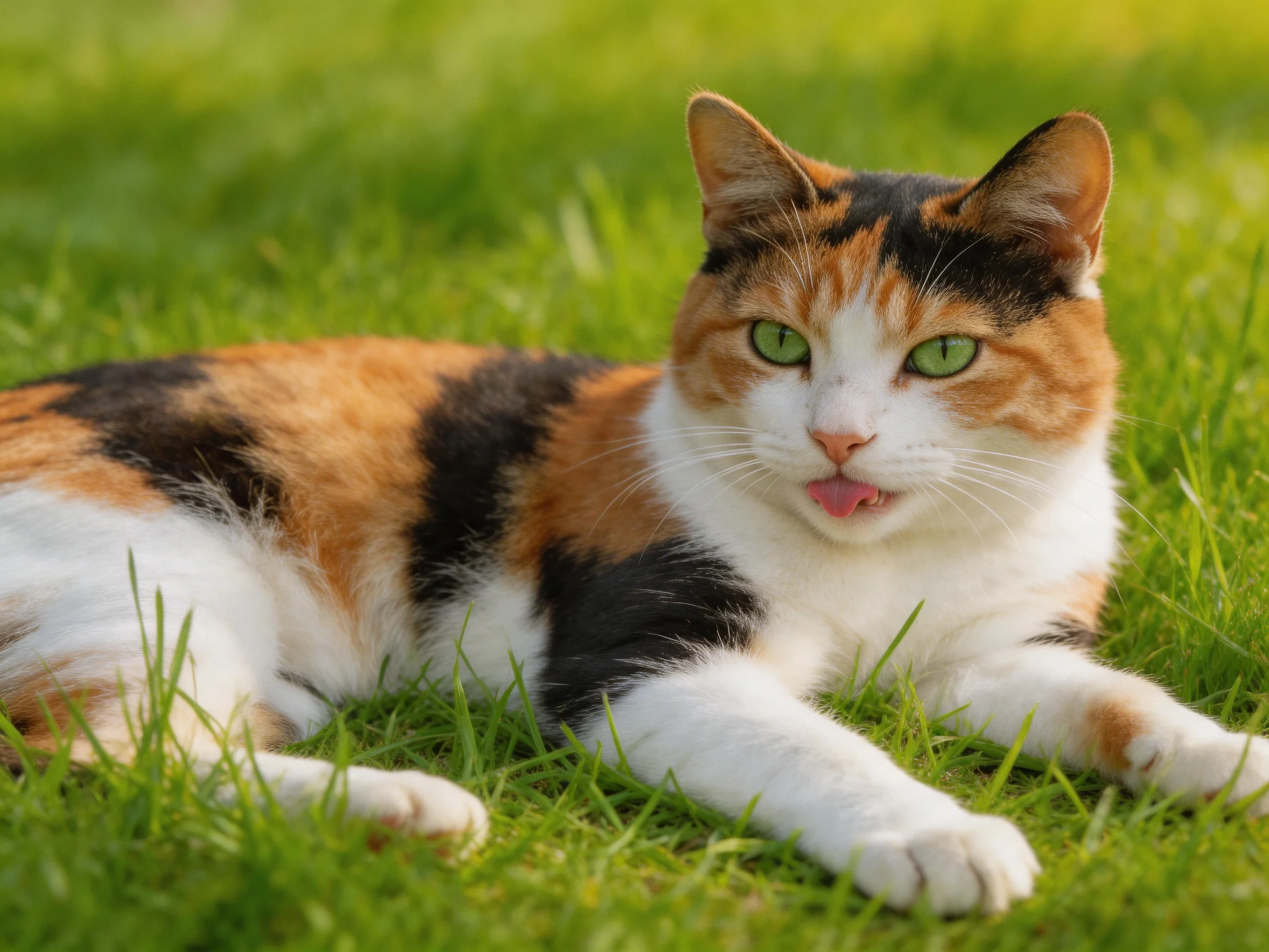 A calico cat with green eyes rests on grass.