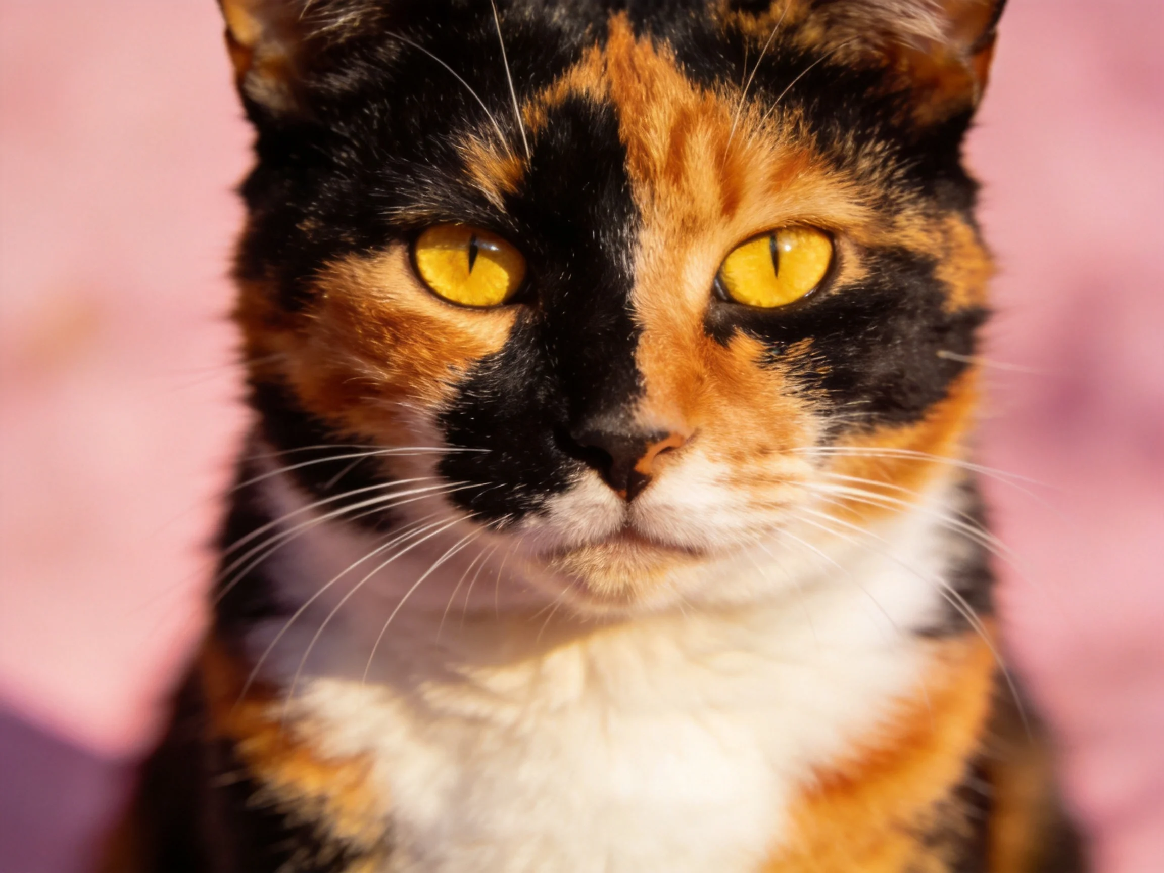 A calico cat with black, orange, and white fur has yellow eyes.
