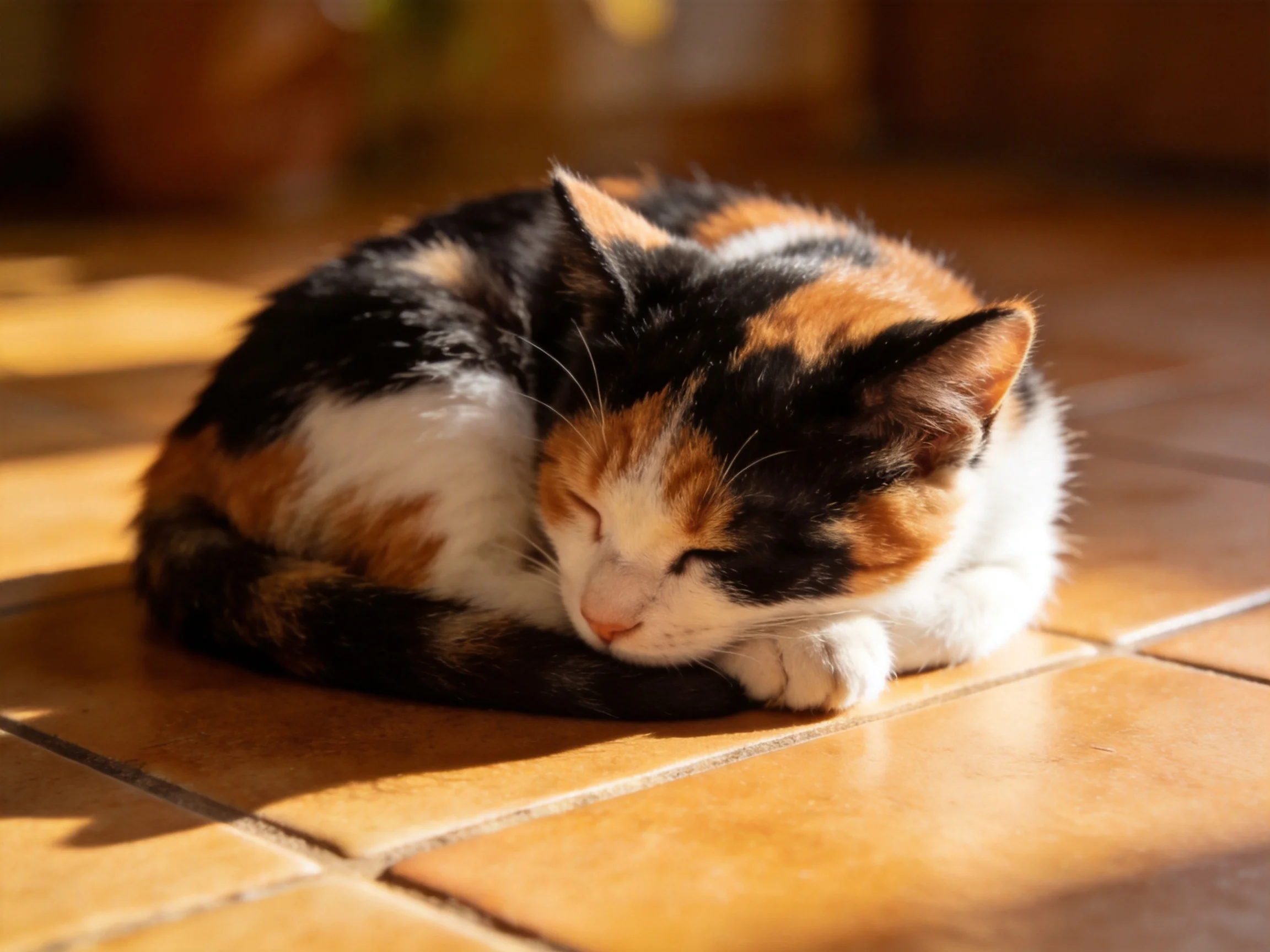A calico kitten sleeps curled on a sunlit tile floor.