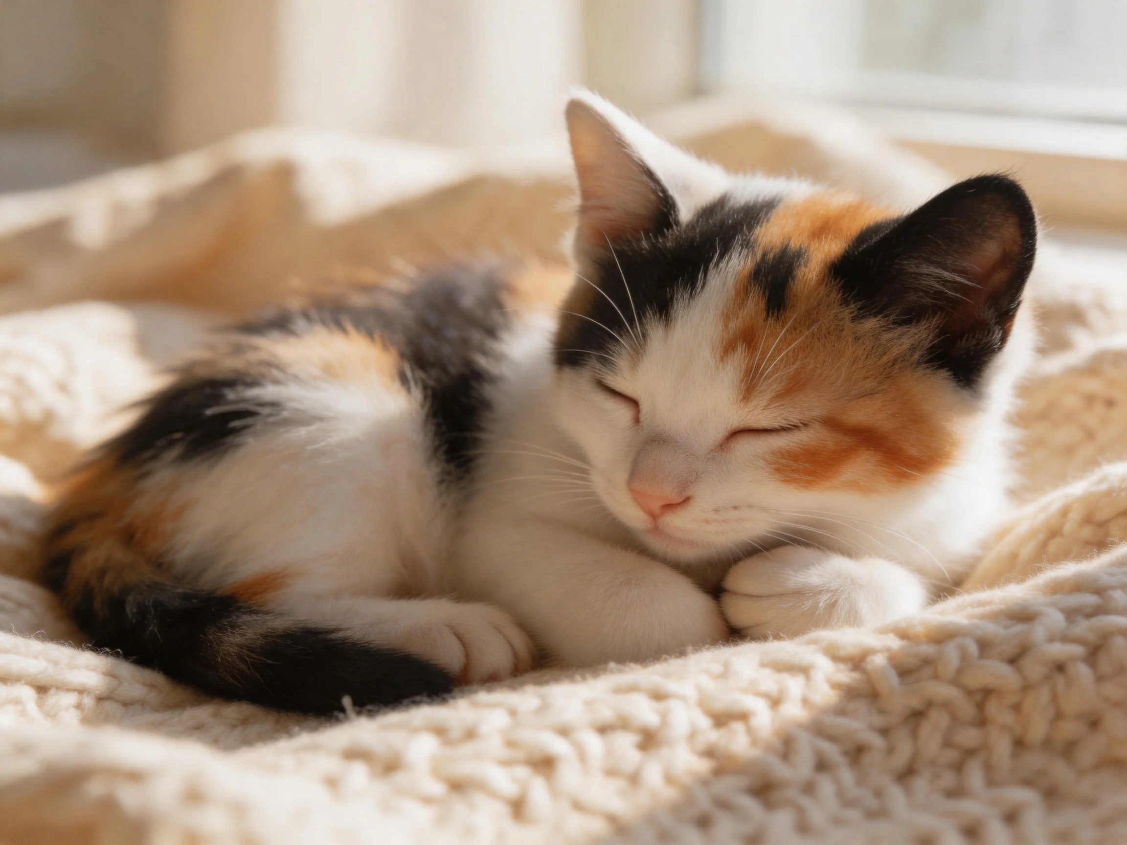 A calico kitten sleeps on a cream blanket in sunlight.