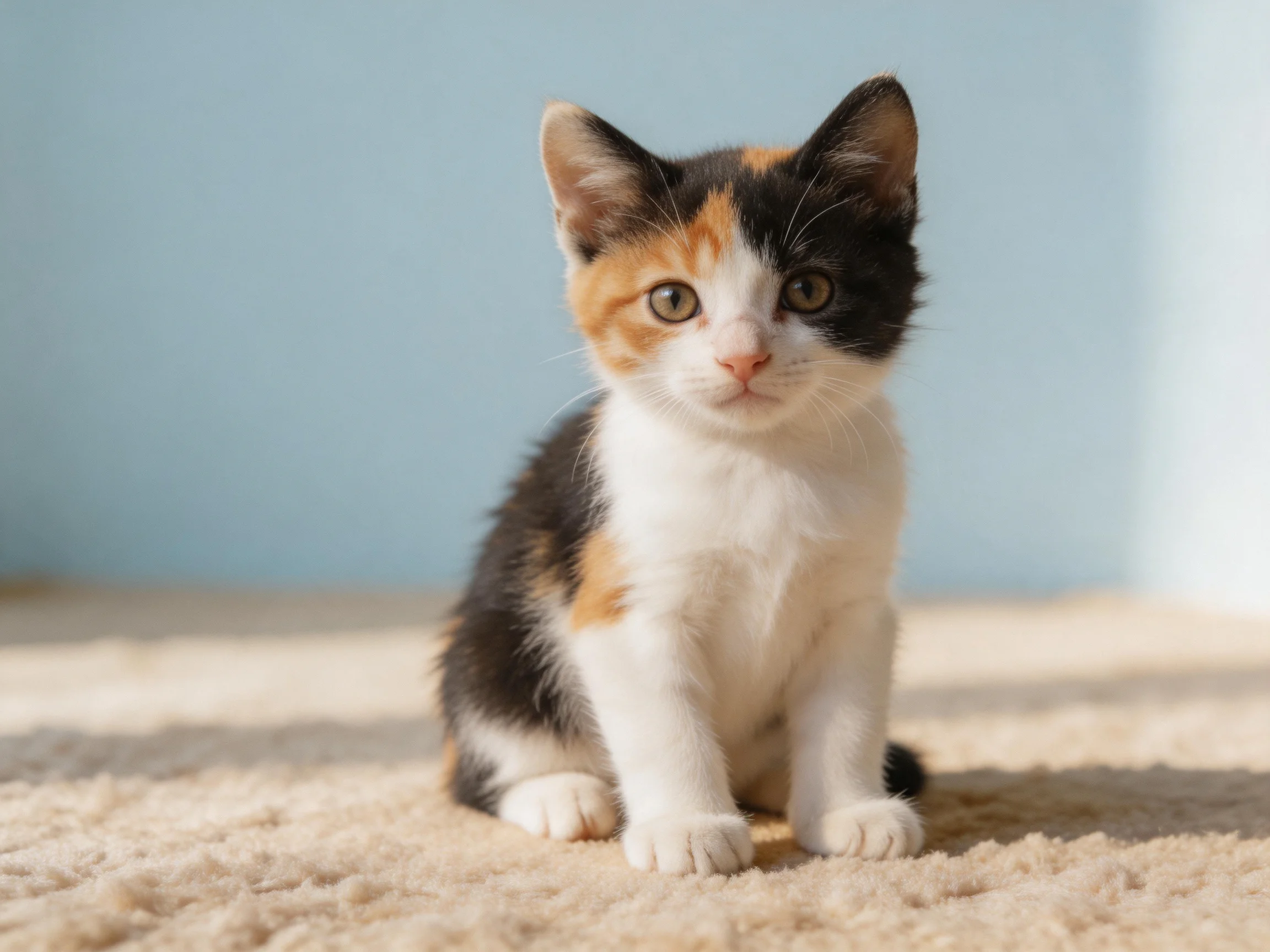 A tri-colored calico kitten sitting on a beige carpet near a blue wall