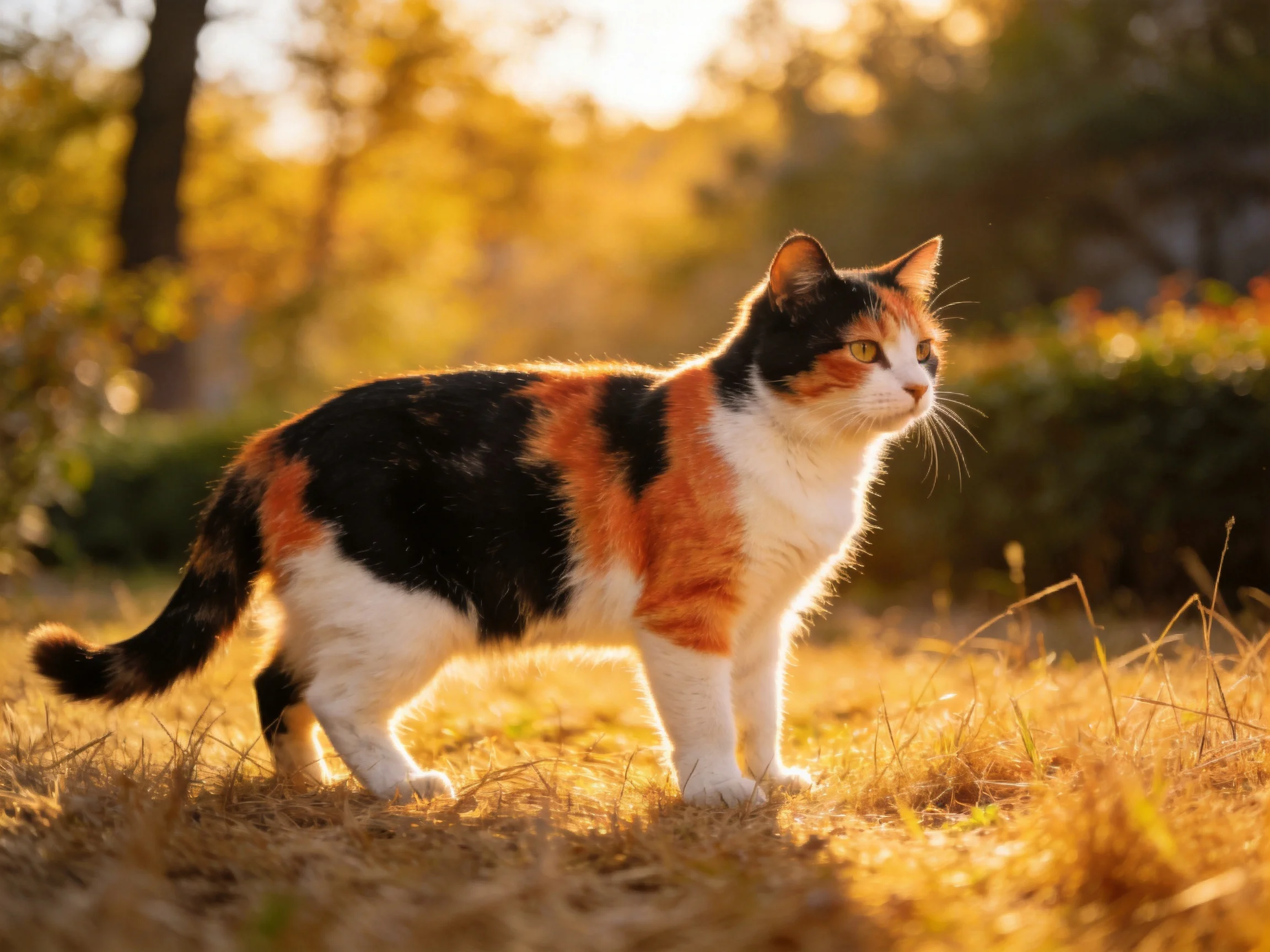 A tri-colored cat explores a sunlit grassy area with golden foliage