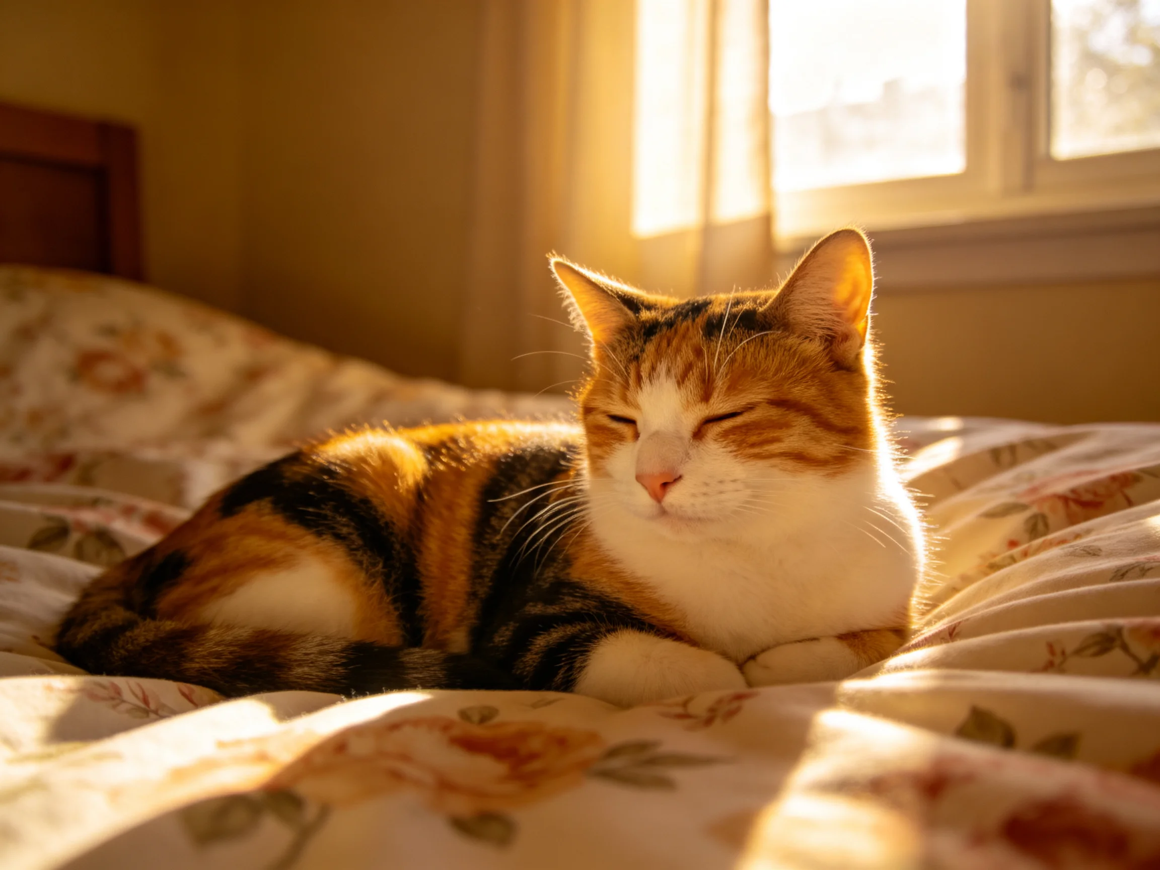 A tri-colored cat lounges on a floral bed near a sunlit window