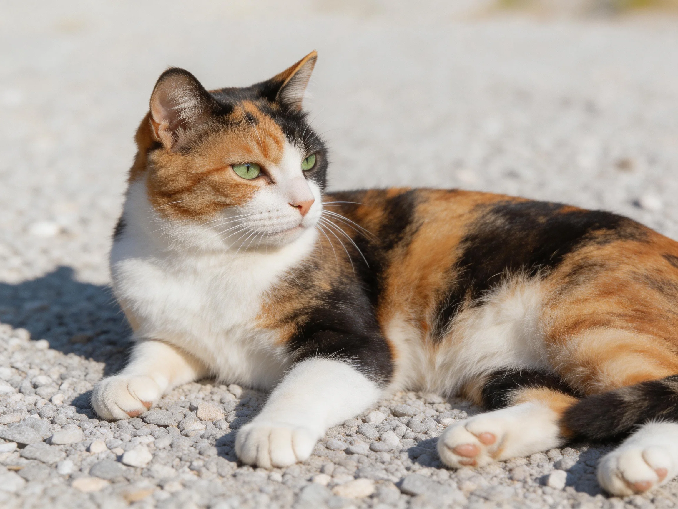A tri-colored cat lounges on pebbly gray gravel in bright sunshine.