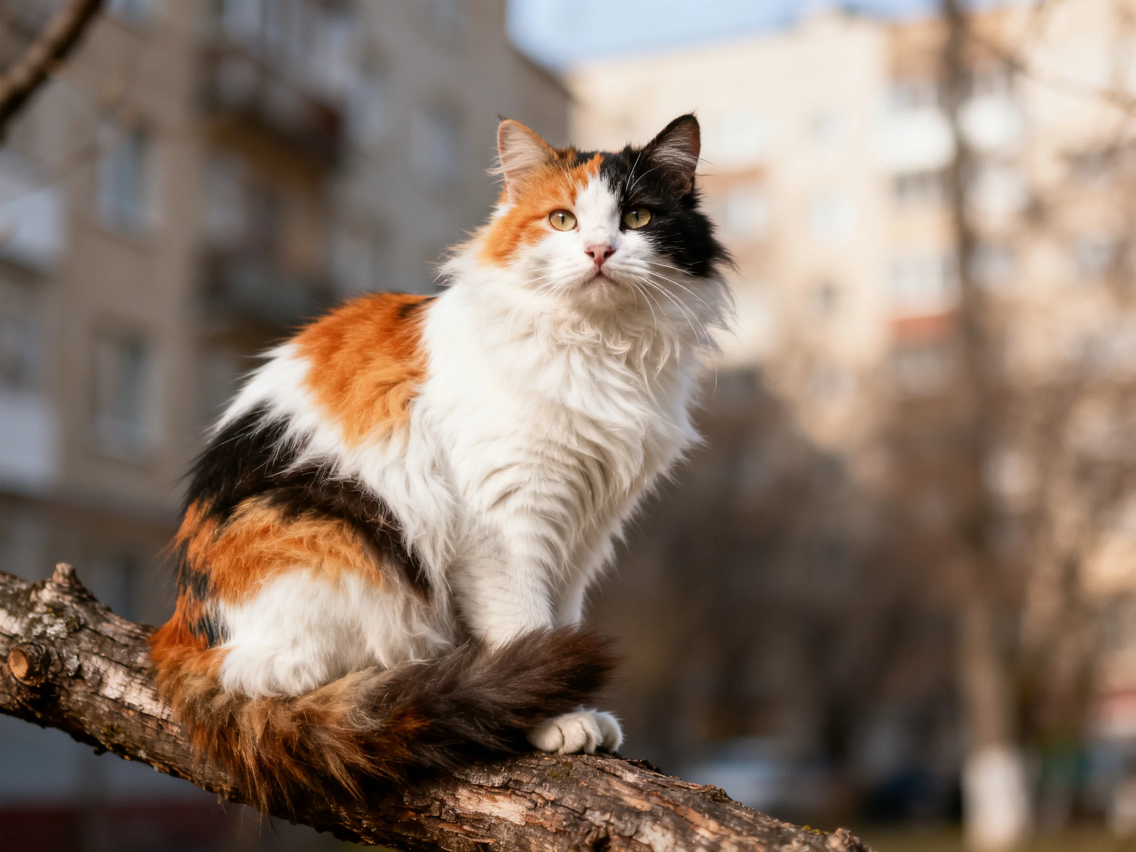 A tri-colored cat sits on a tree branch with apartment buildings behind it.