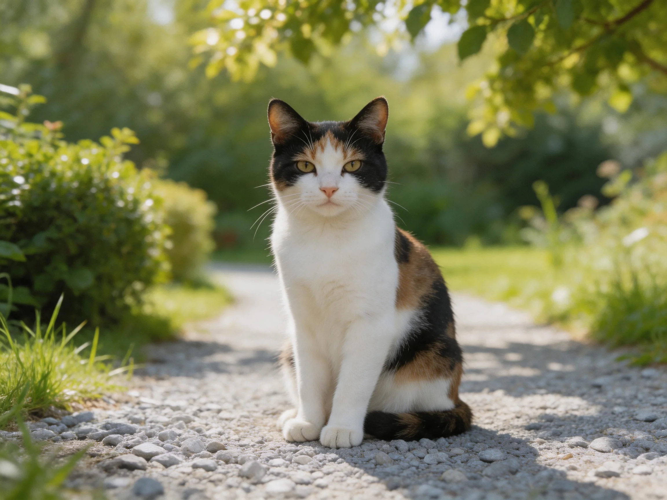 A tri-colored cat sits on a gravel path amid lush green foliage