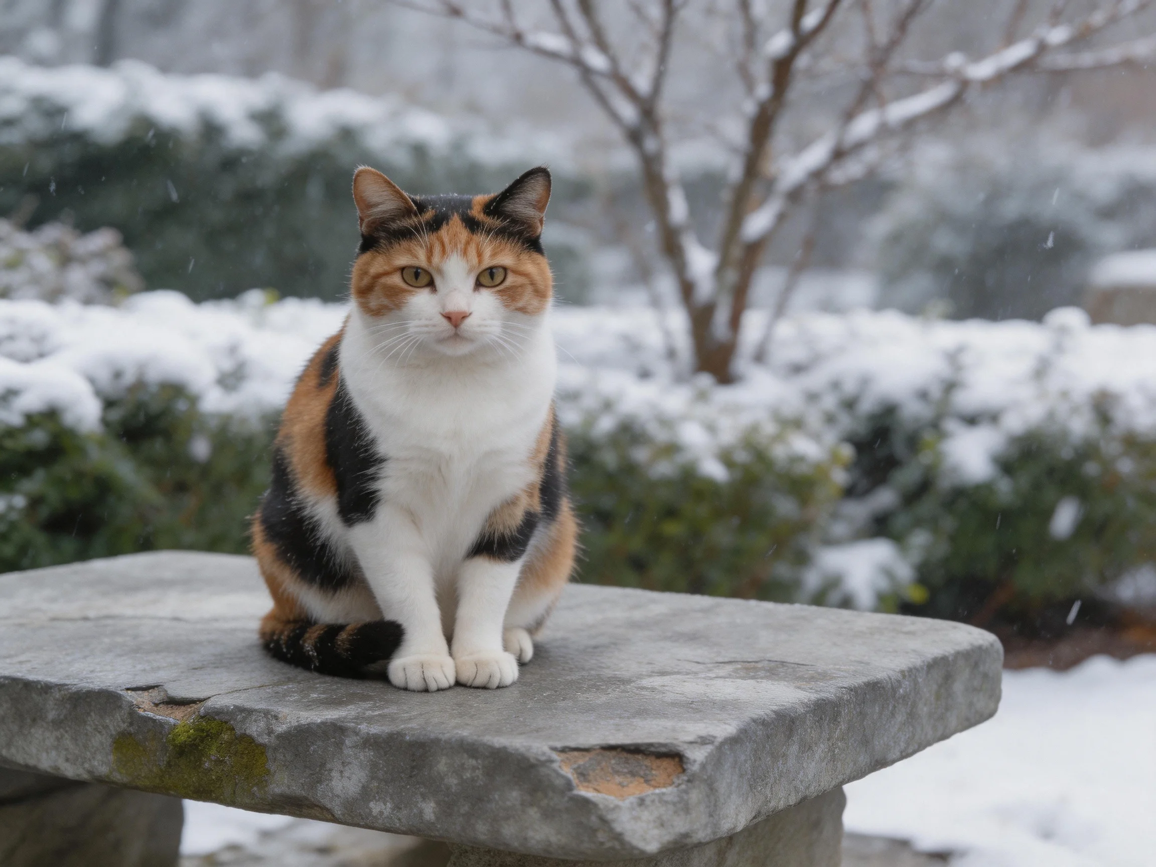 A tri-colored cat rests on a stone bench amid snow-covered greenery.