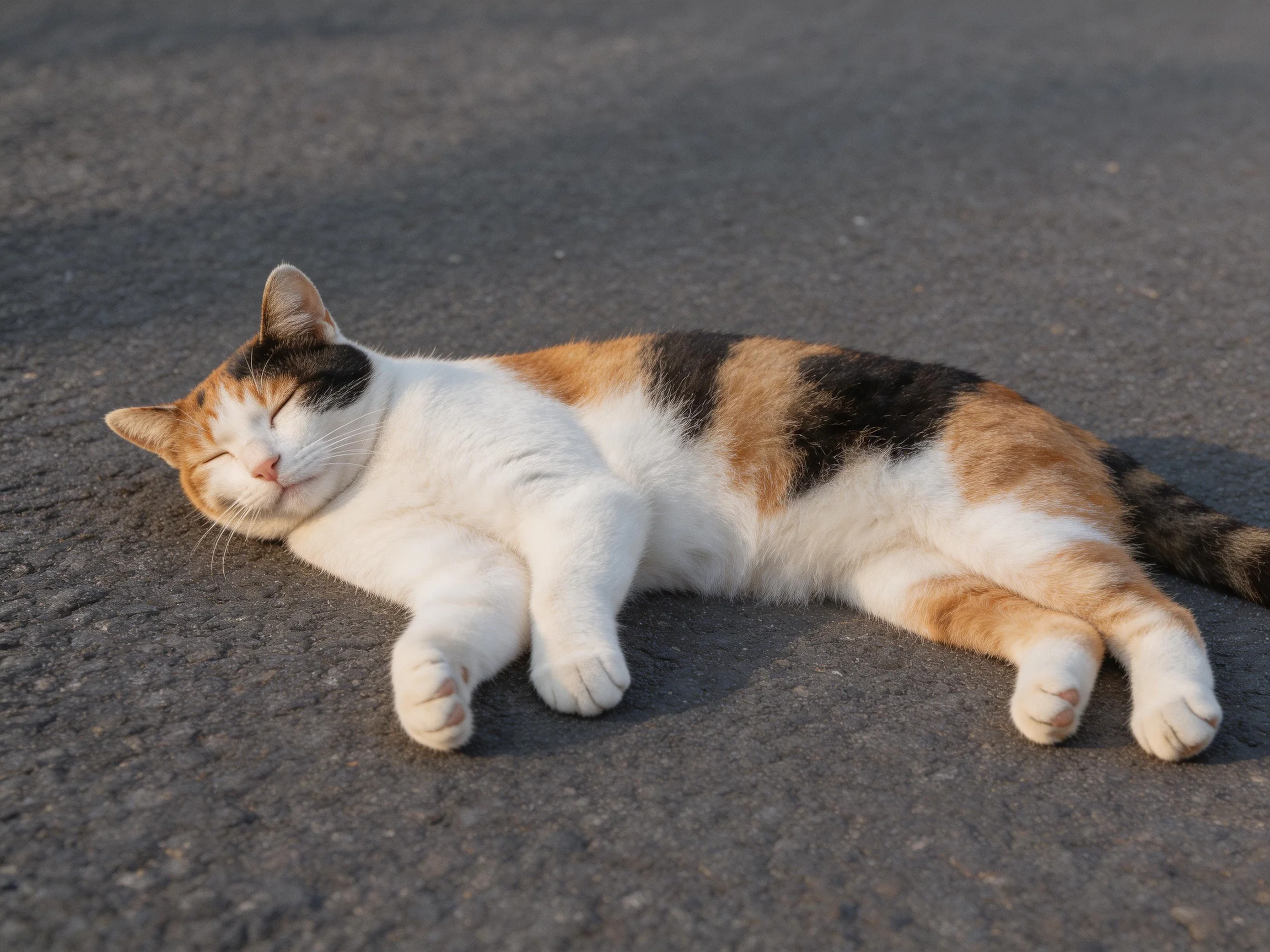 A tri-colored cat is asleep on pavement during daylight.