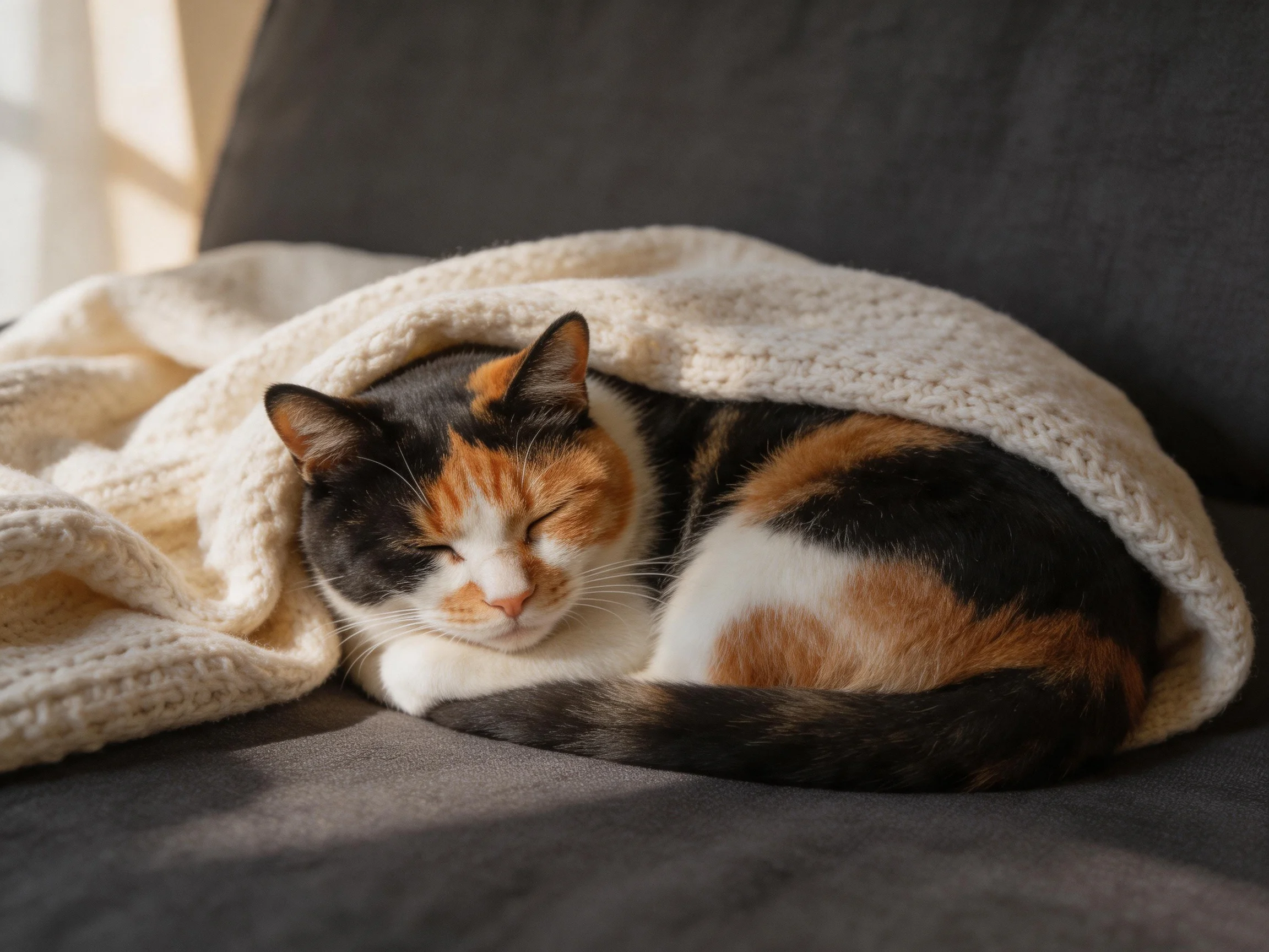 A tri-colored cat sleeps wrapped in a cream knit blanket on a dark couch