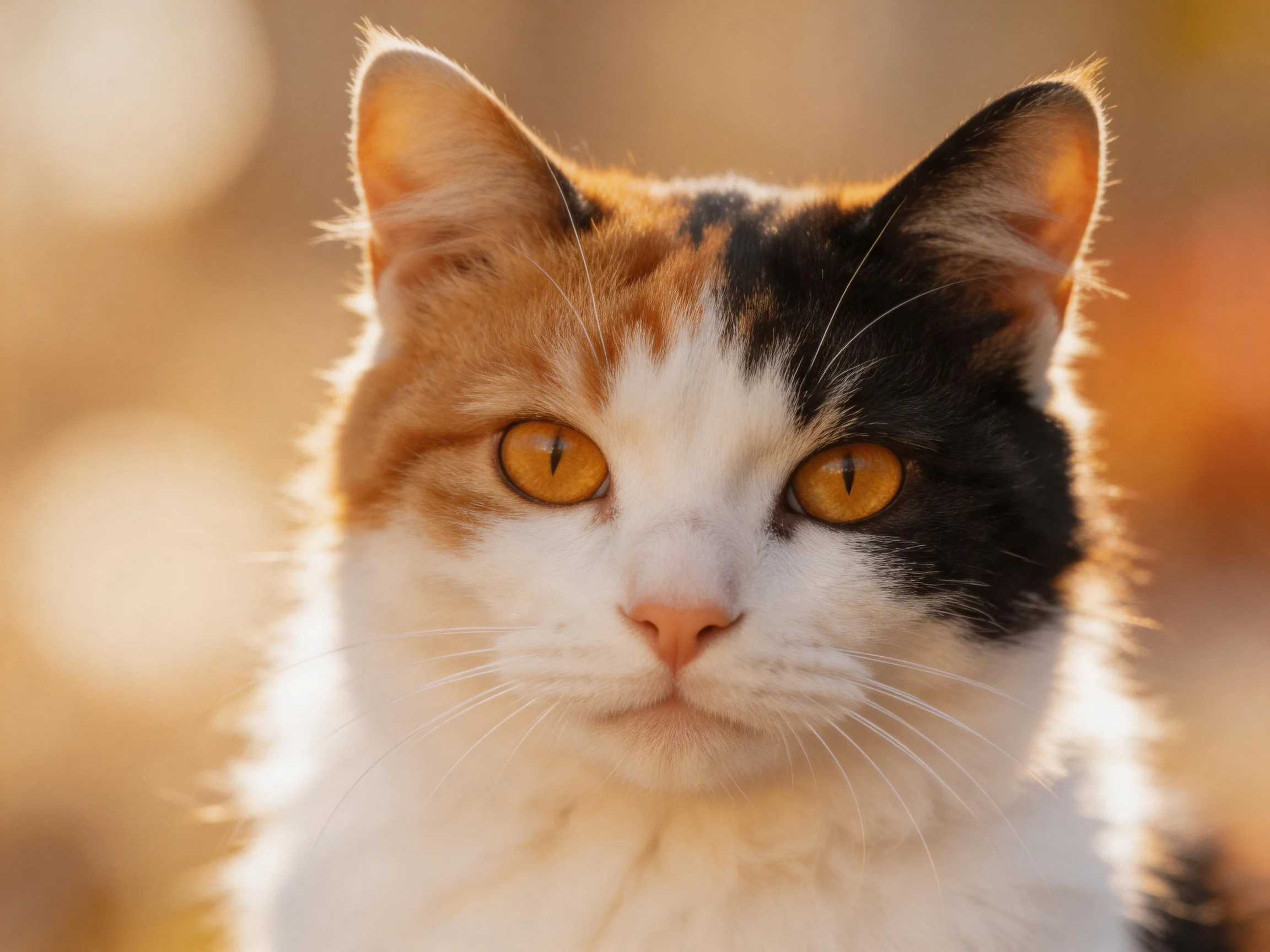 A tri-colored cat with golden eyes is shown in a softly lit setting