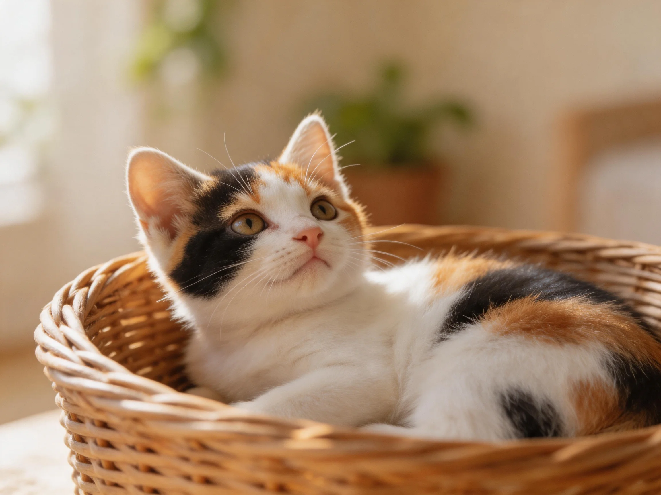 A tri-colored kitten relaxes in a wicker basket within a sunlit indoor space
