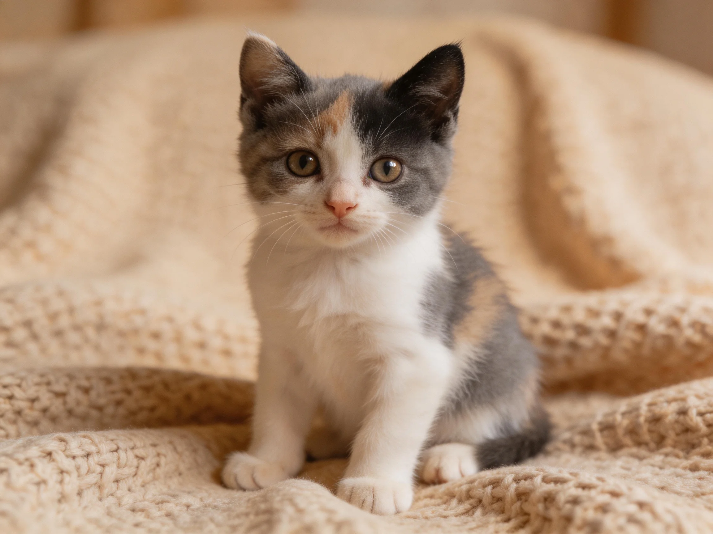 A small calico kitten sits calmly on a beige blanket.