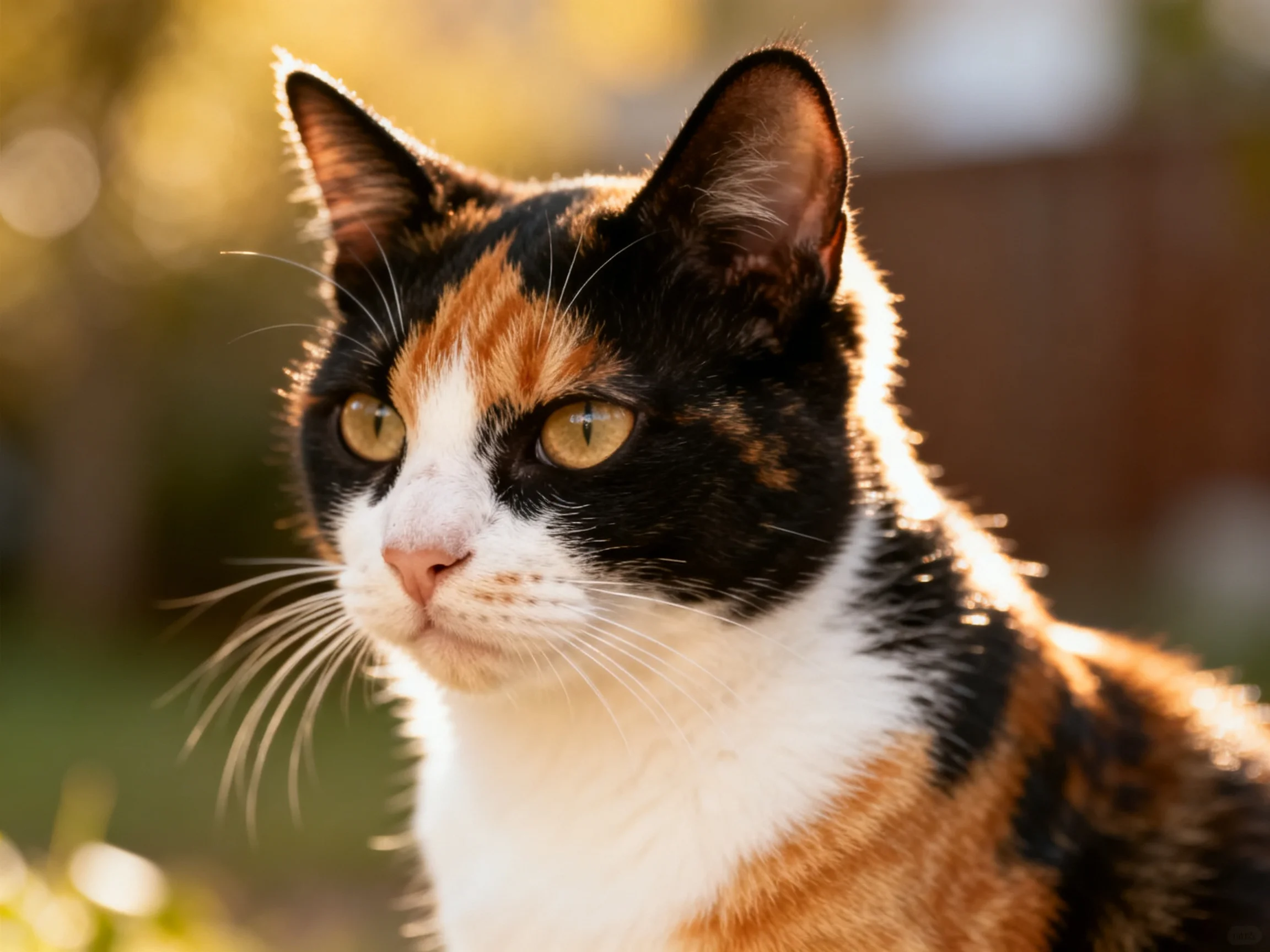 A tricolor calico cat is shown outdoors under bright sunlight.