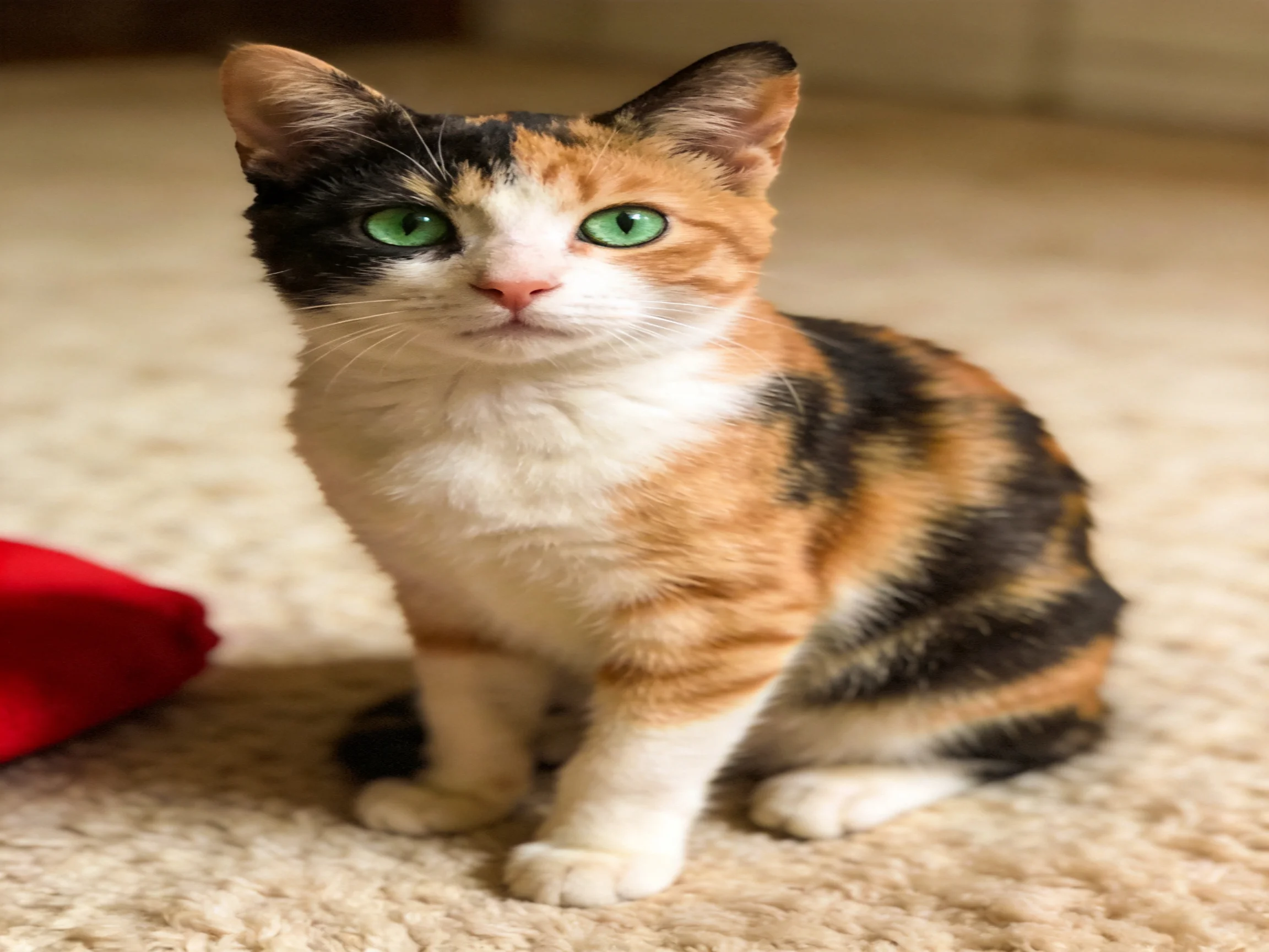 A tricolor calico kitten sits on a beige carpet near a red object.