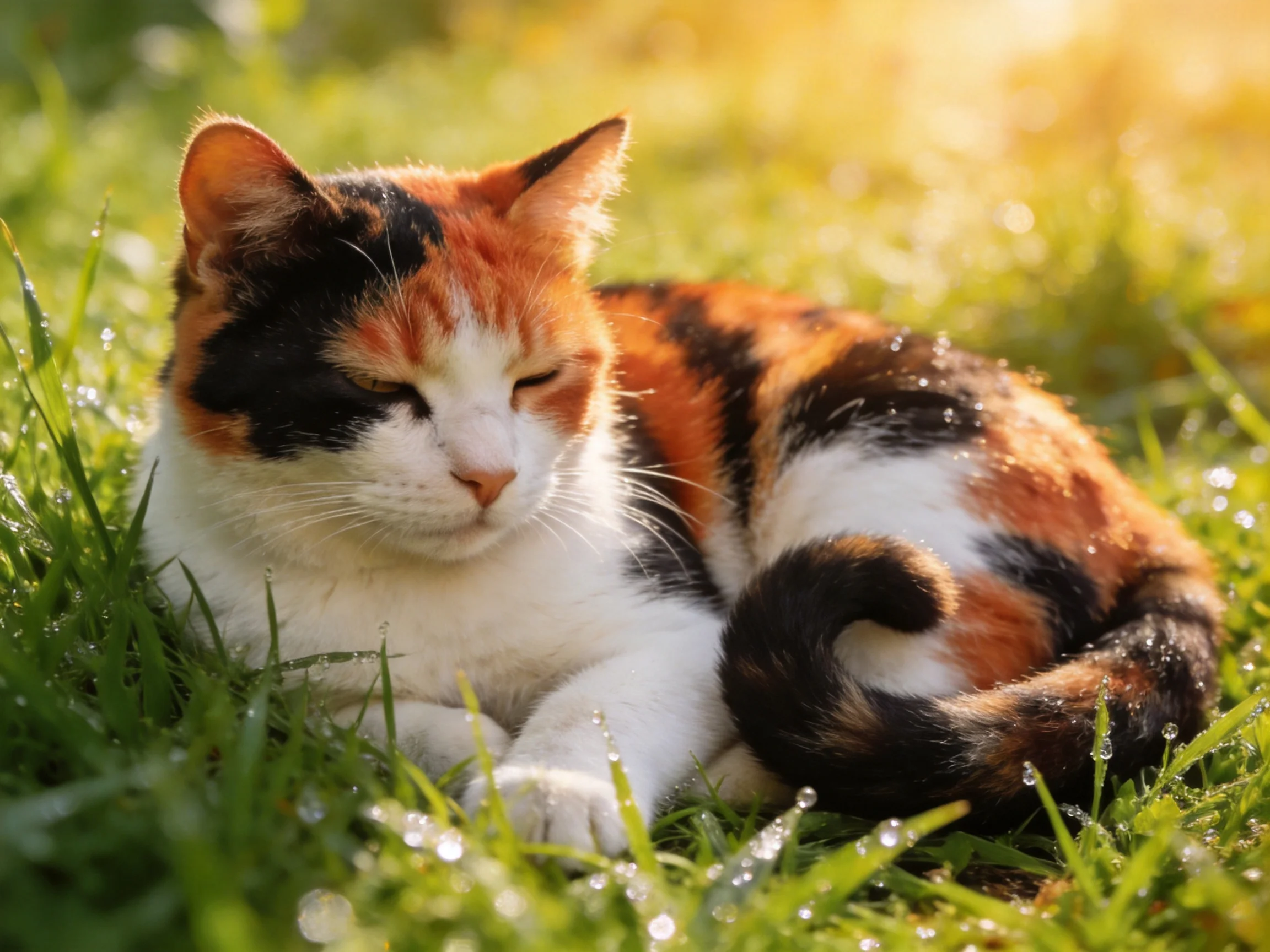 A tricolor cat lounges on dewy grass under golden sunlight