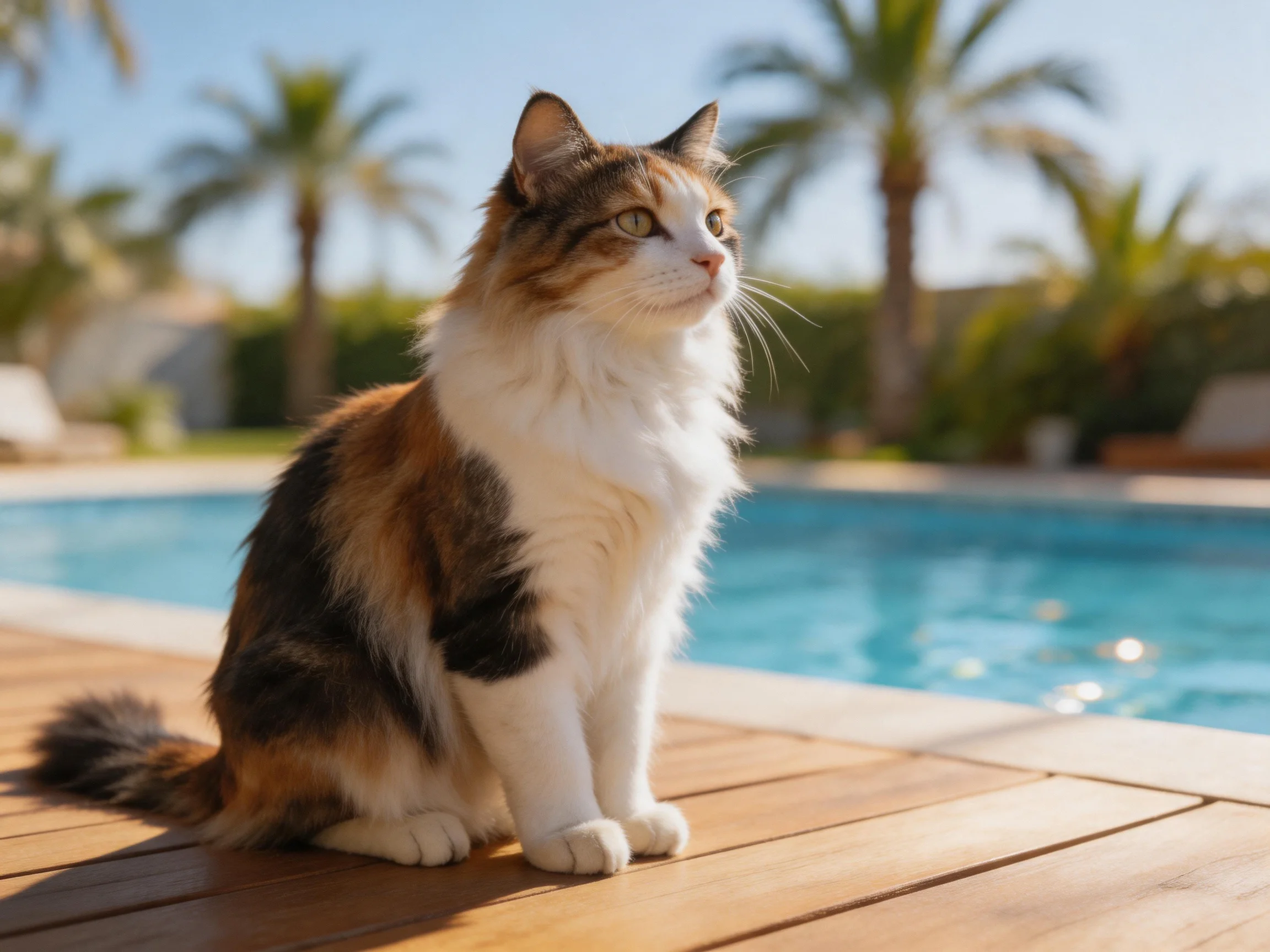 A tricolor cat sits by a sunny poolside deck with palm trees
