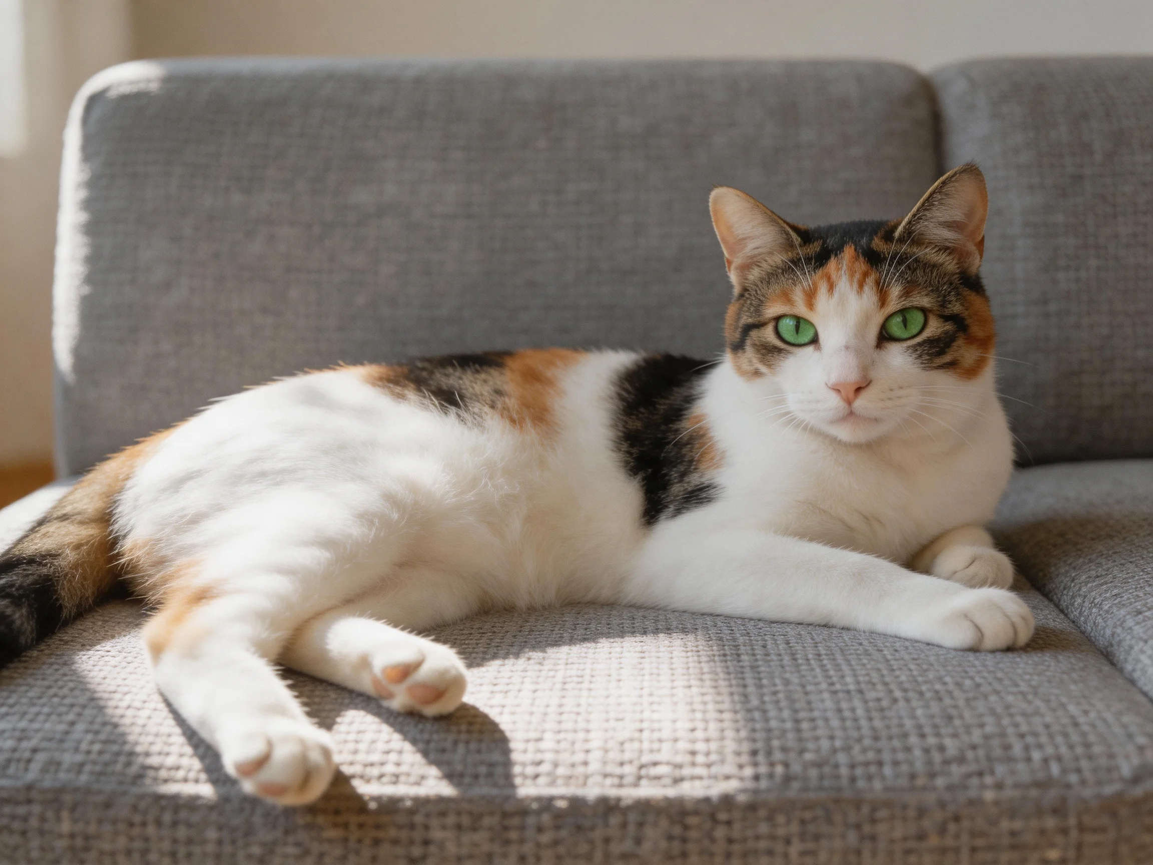 A tricolor cat with green eyes relaxes on a gray sofa.