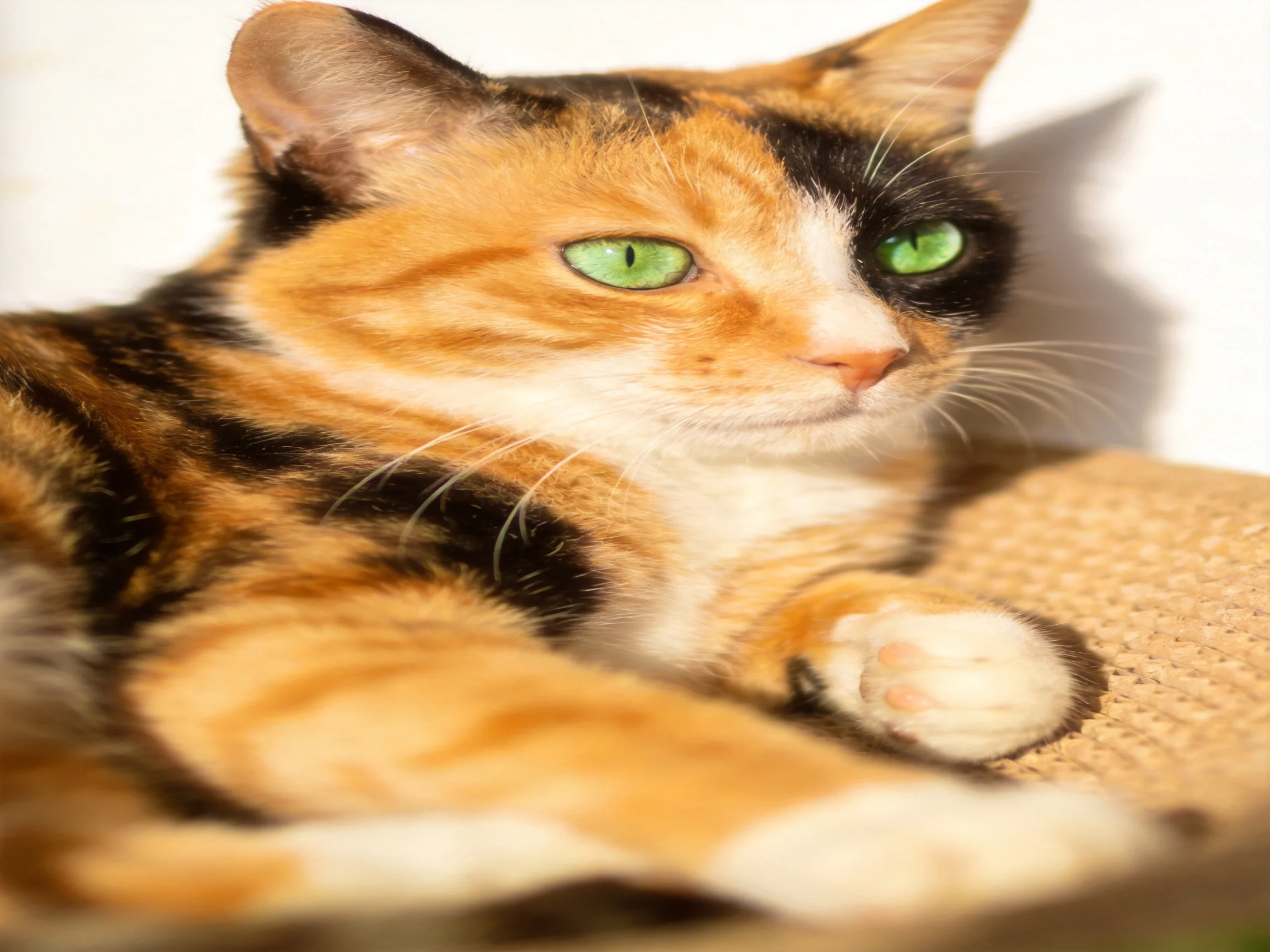 A tricolor cat with orange, black, and white fur rests on a scratching pad.
