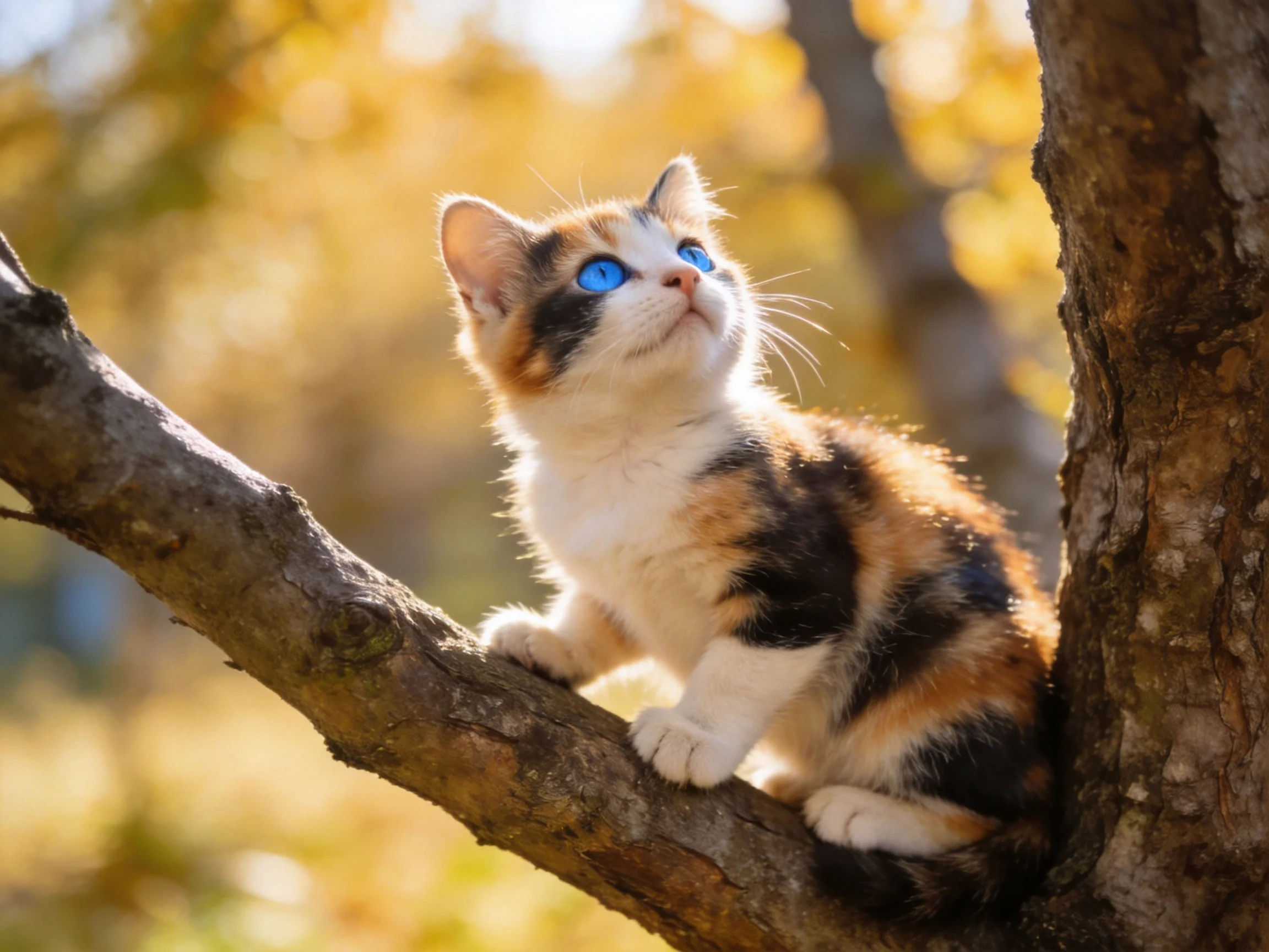 A tricolor kitten with bright blue eyes sits on a tree branch outdoors.