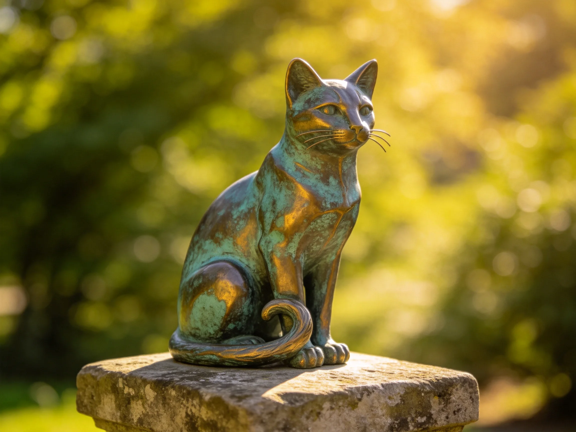 A verdigris-coated bronze cat statue sits on a weathered stone pedestal