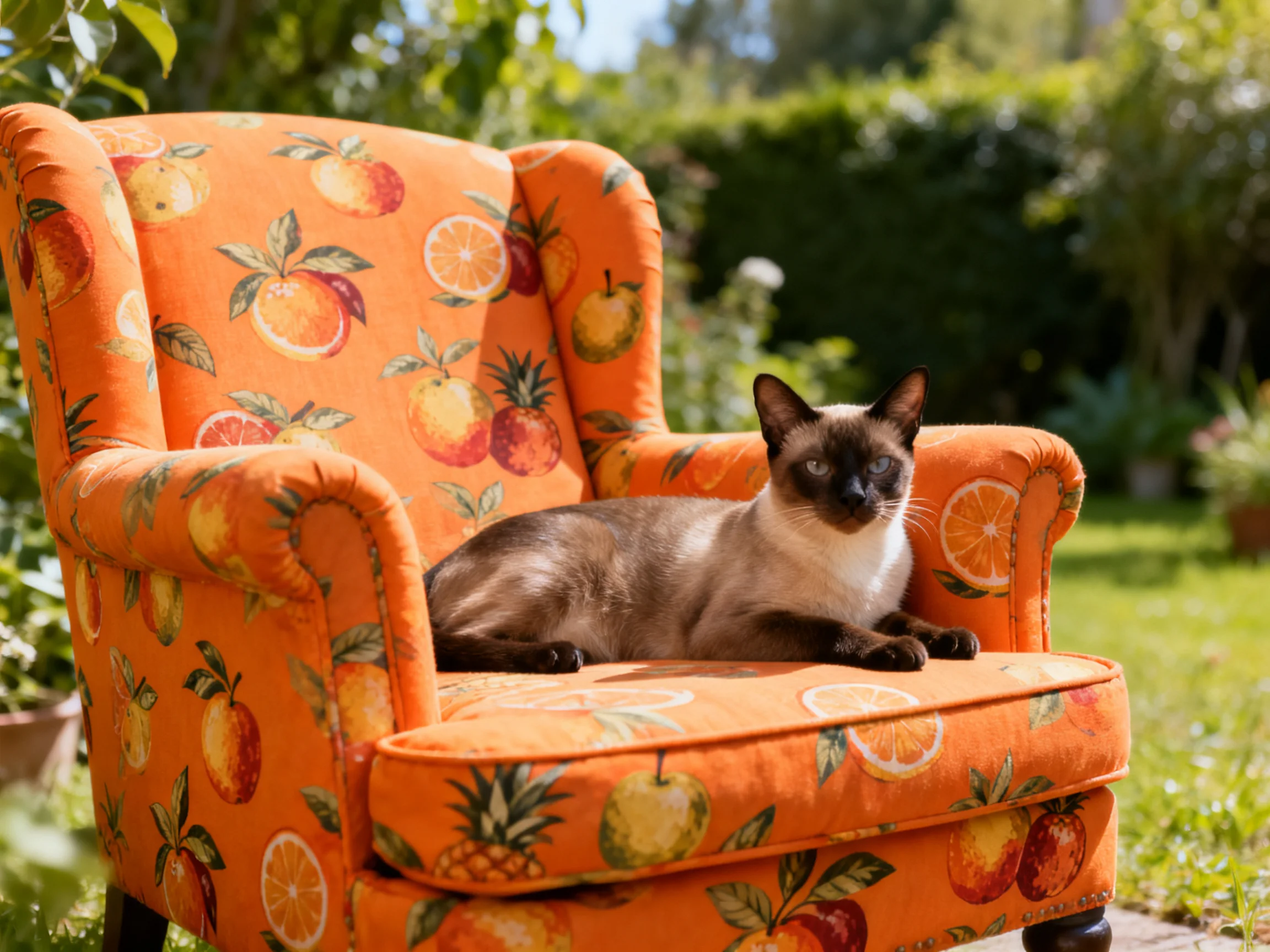 A vibrant orange armchair with fruit prints holds a relaxed Siamese cat