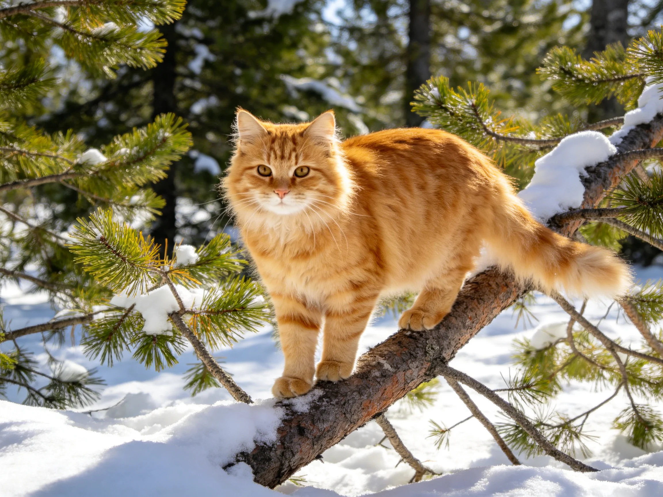 A vibrant orange cat balances on a snow-laden pine branch