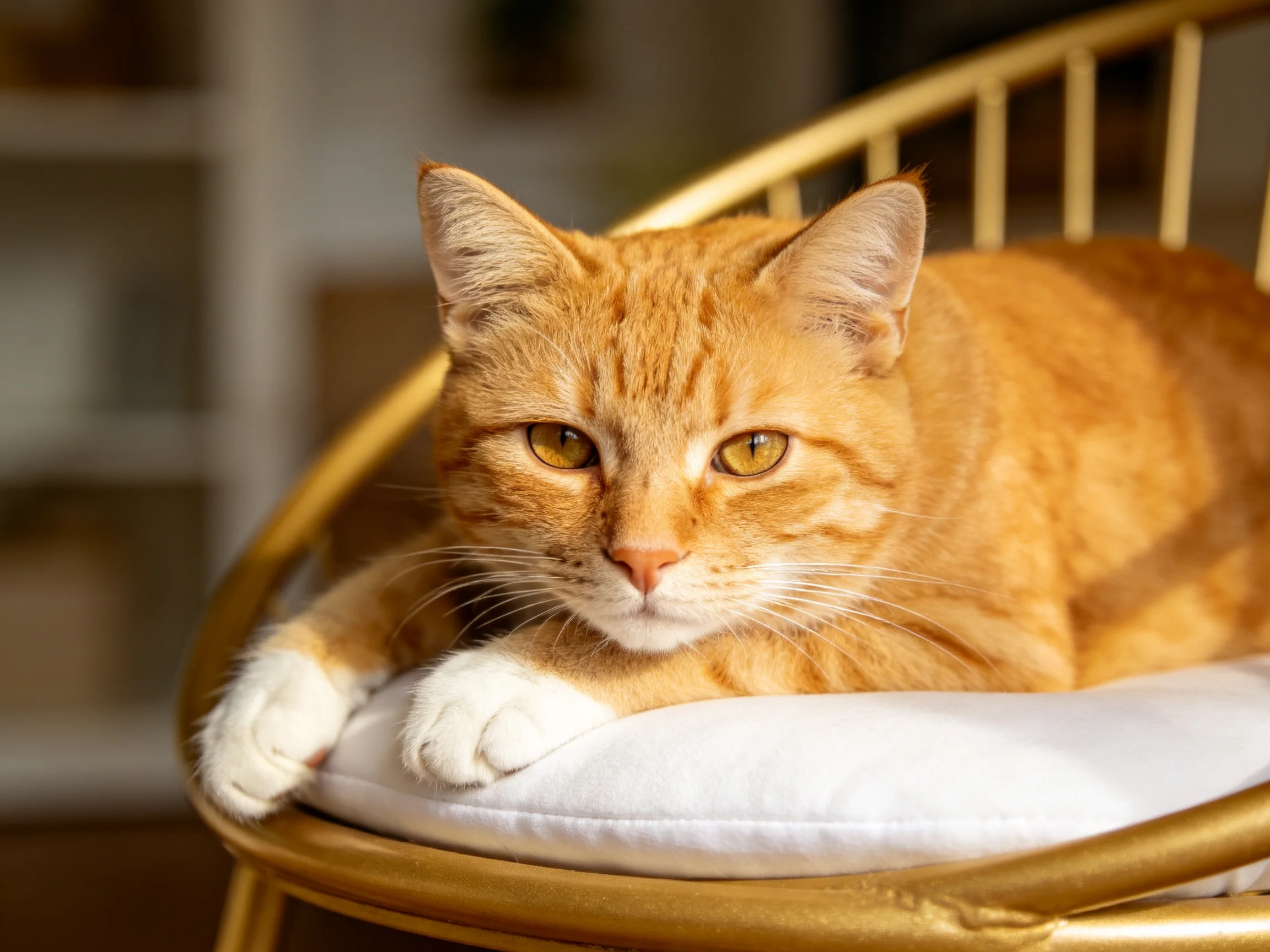 A vibrant orange cat relaxes on a golden chair with a white cushion.