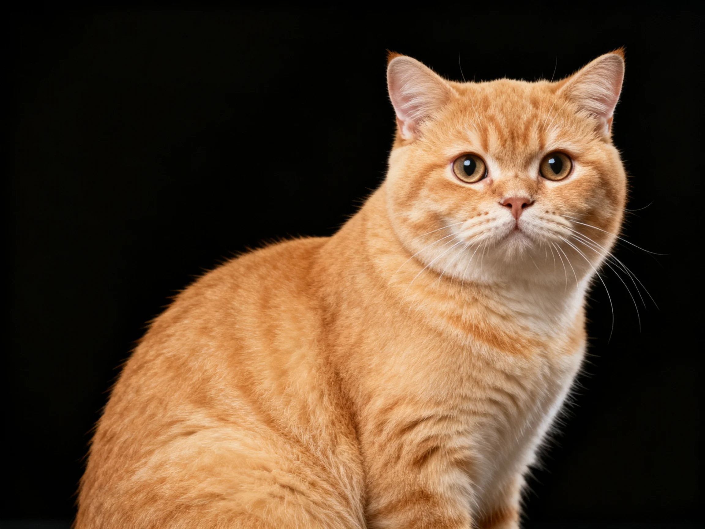 An orange cat with soft fur is positioned against a solid black background.