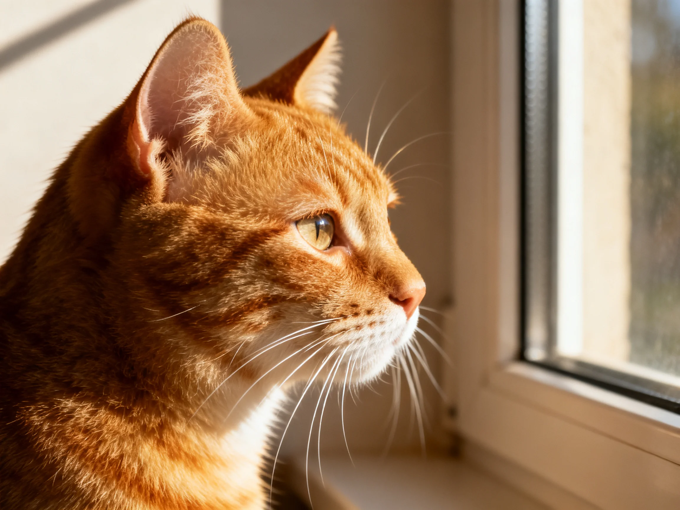 An orange tabby cat looks out from a sunlit window.