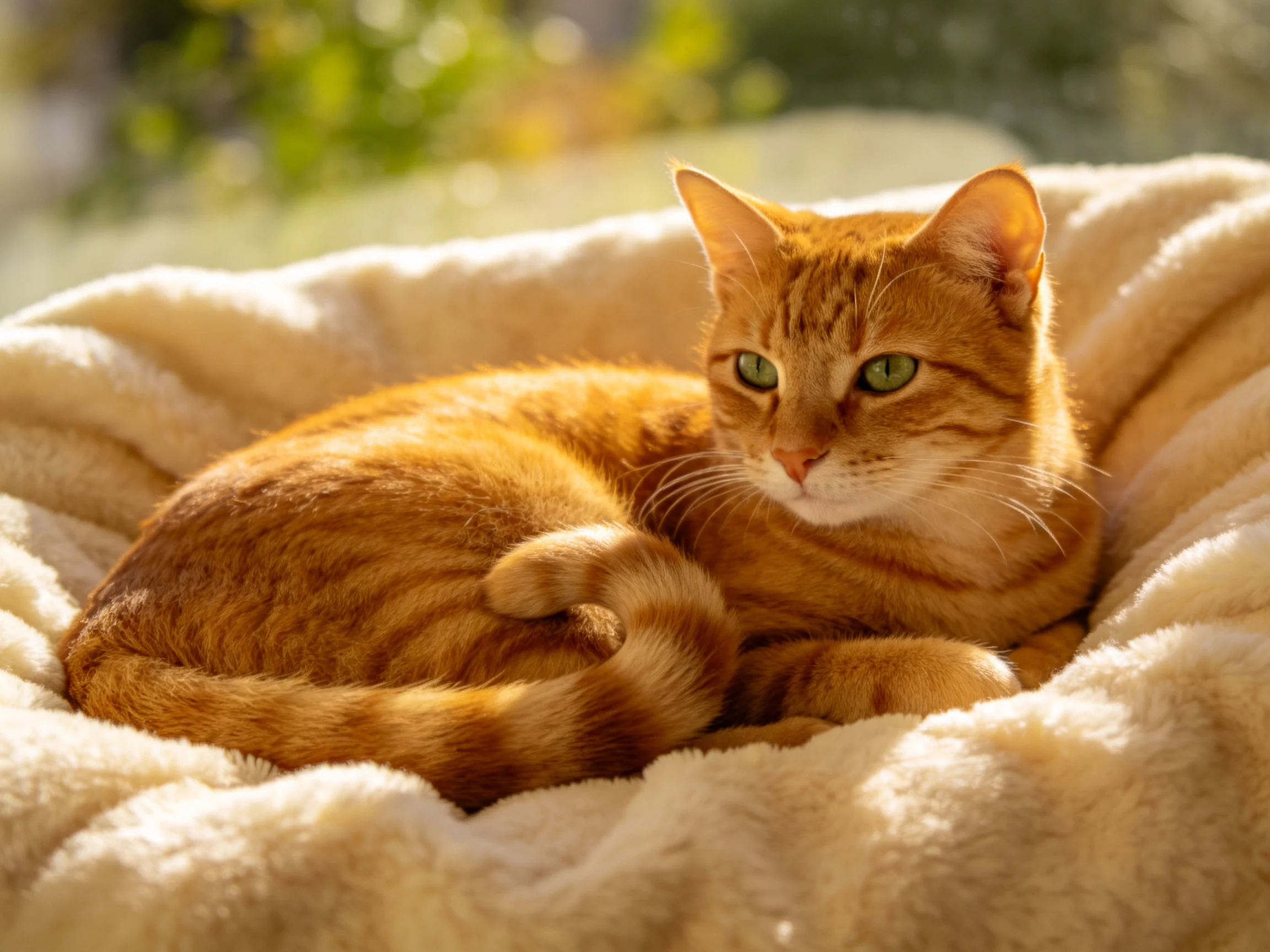 A vibrant orange tabby cat lounges on a soft cream cushion in sunny light