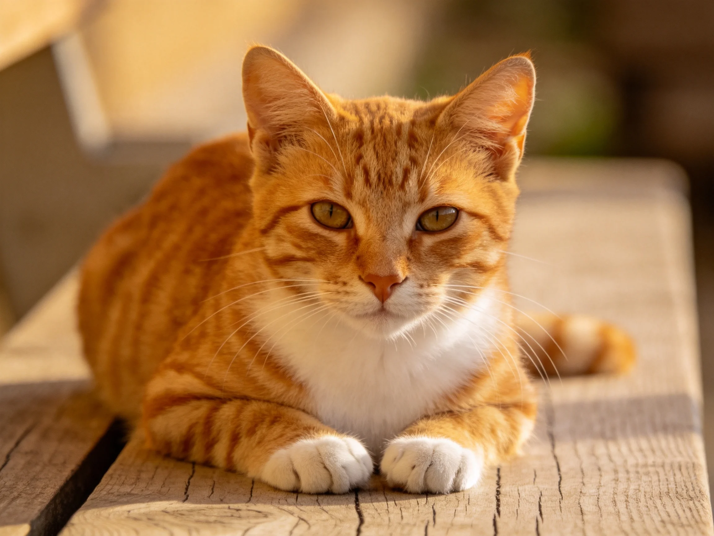 A vibrant orange tabby cat lounges on a weathered wooden bench