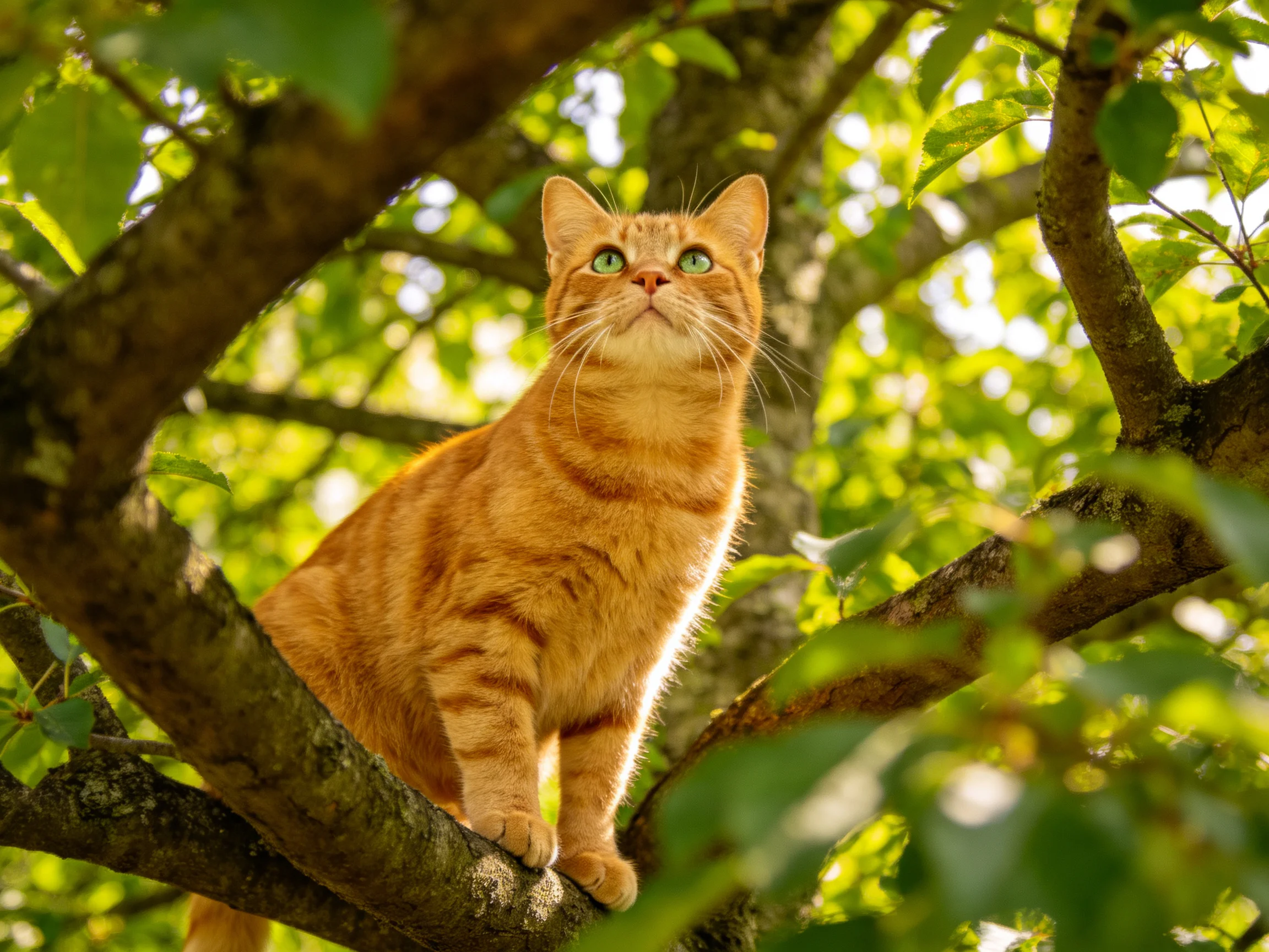 An orange tabby cat sits on a tree branch surrounded by green leaves under sunlight.