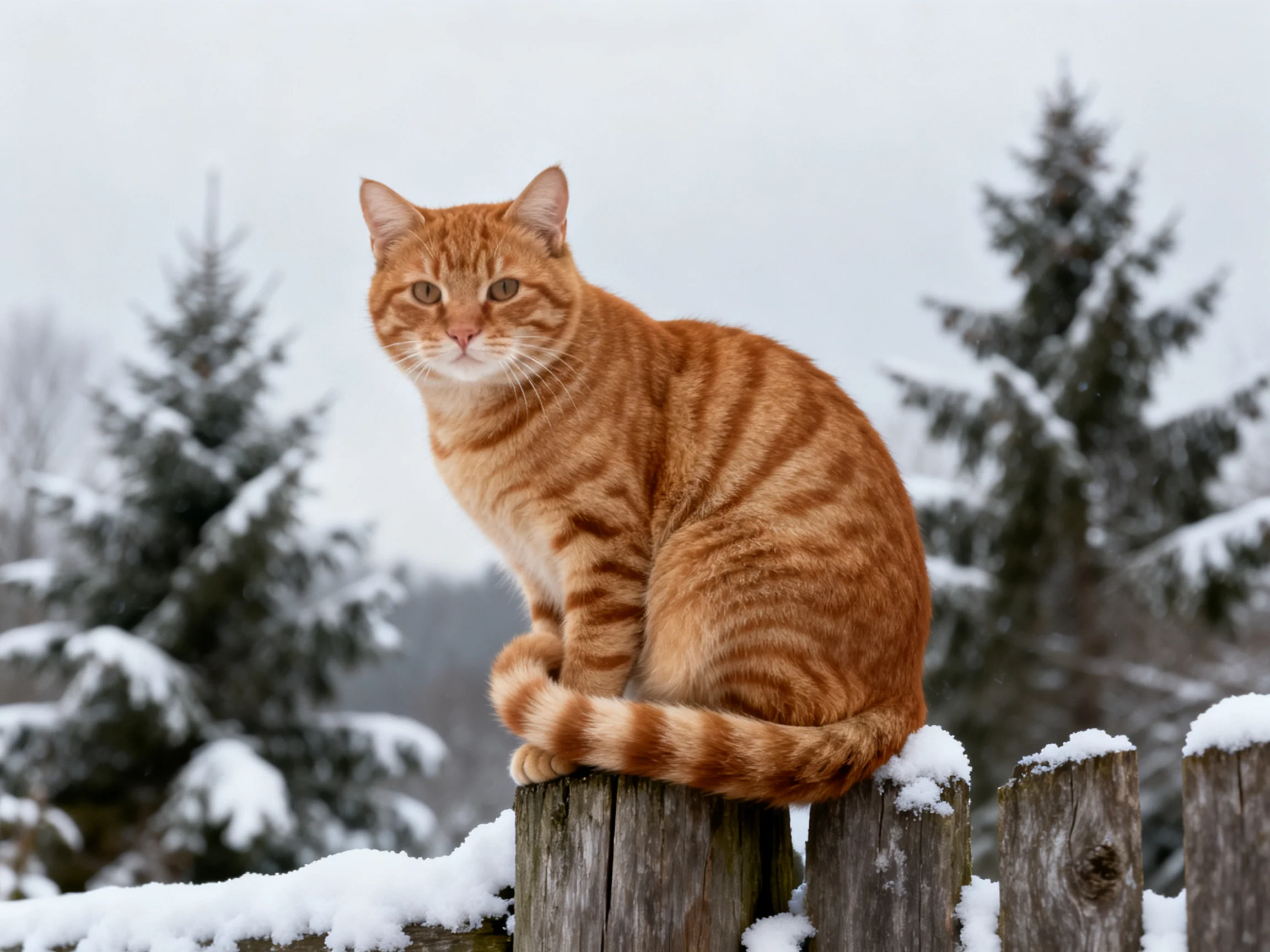 An orange tabby cat sits on a snow-covered wooden fence in a wintry landscape.