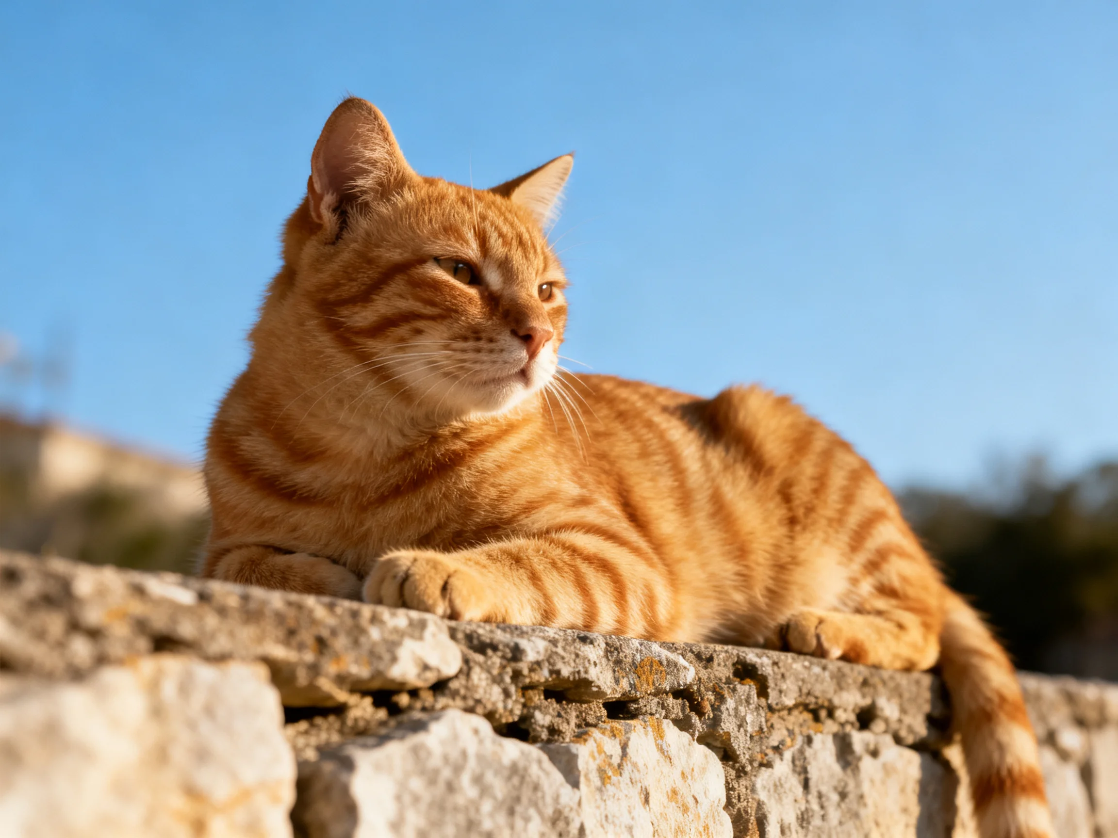 A vibrant orange tabby cat reclines on a weathered stone wall under clear blue sky