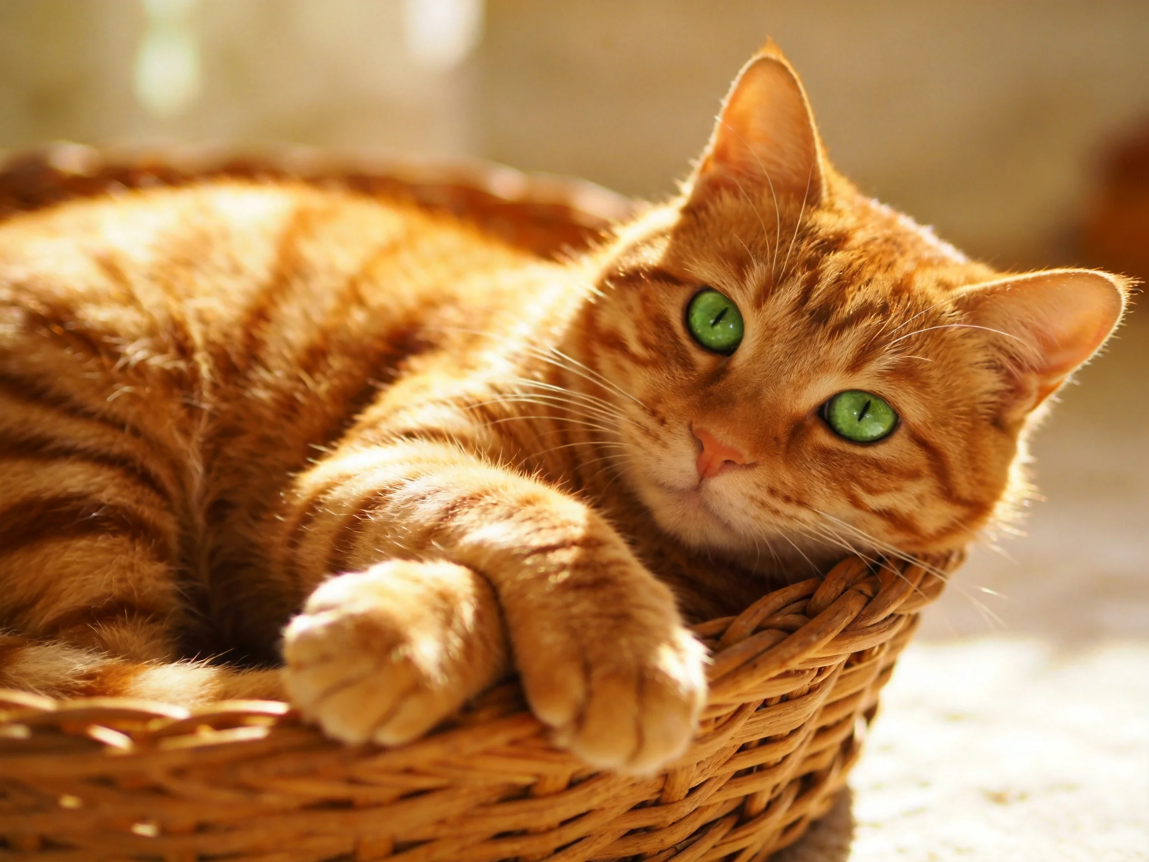 A vibrant orange tabby cat resting in a wicker basket