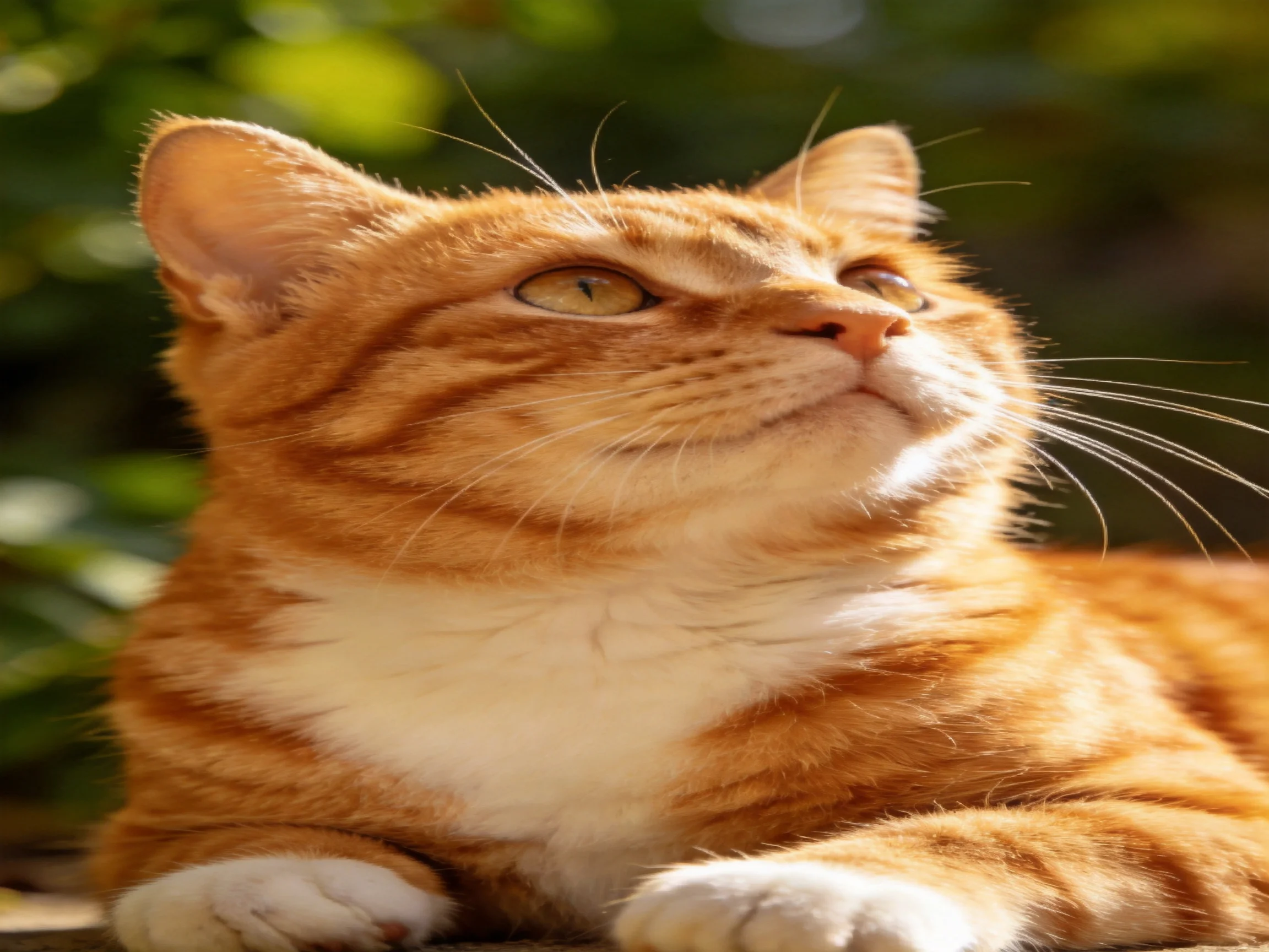 A vibrant orange tabby cat resting in sunlight near green foliage