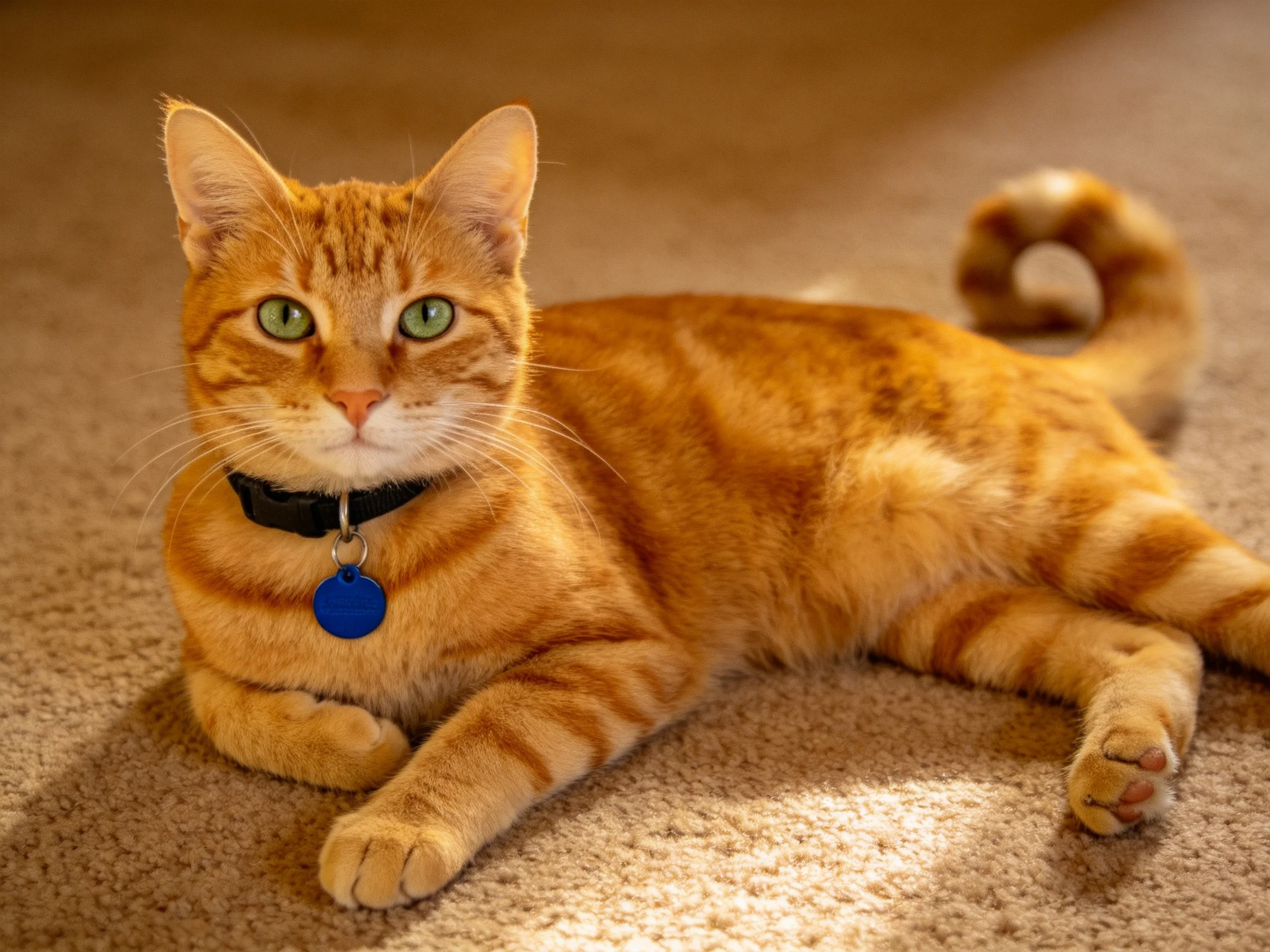 An orange tabby cat lies relaxed on a beige carpet indoors.