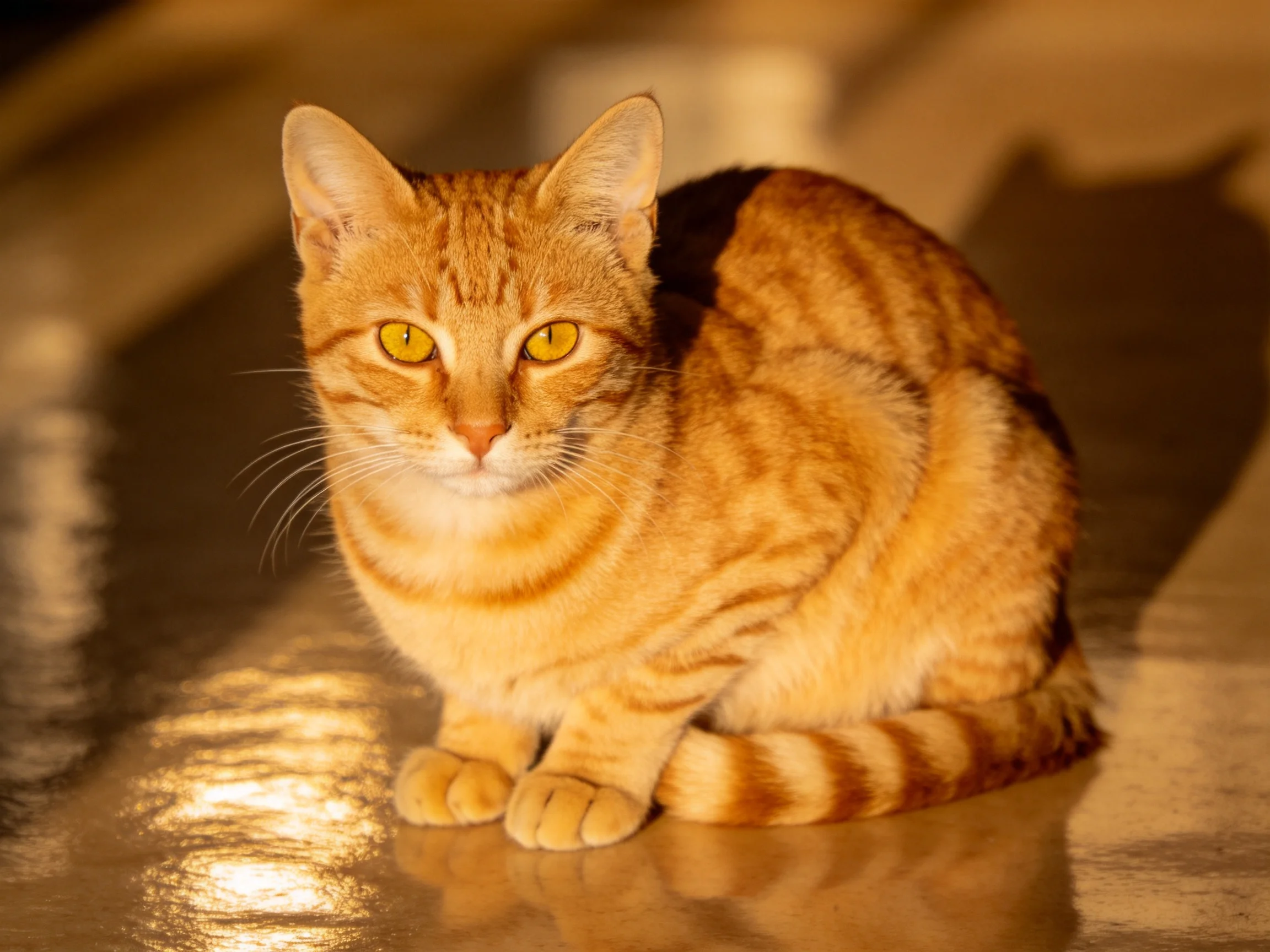 An orange tabby cat sits on a glossy floor under warm lighting.