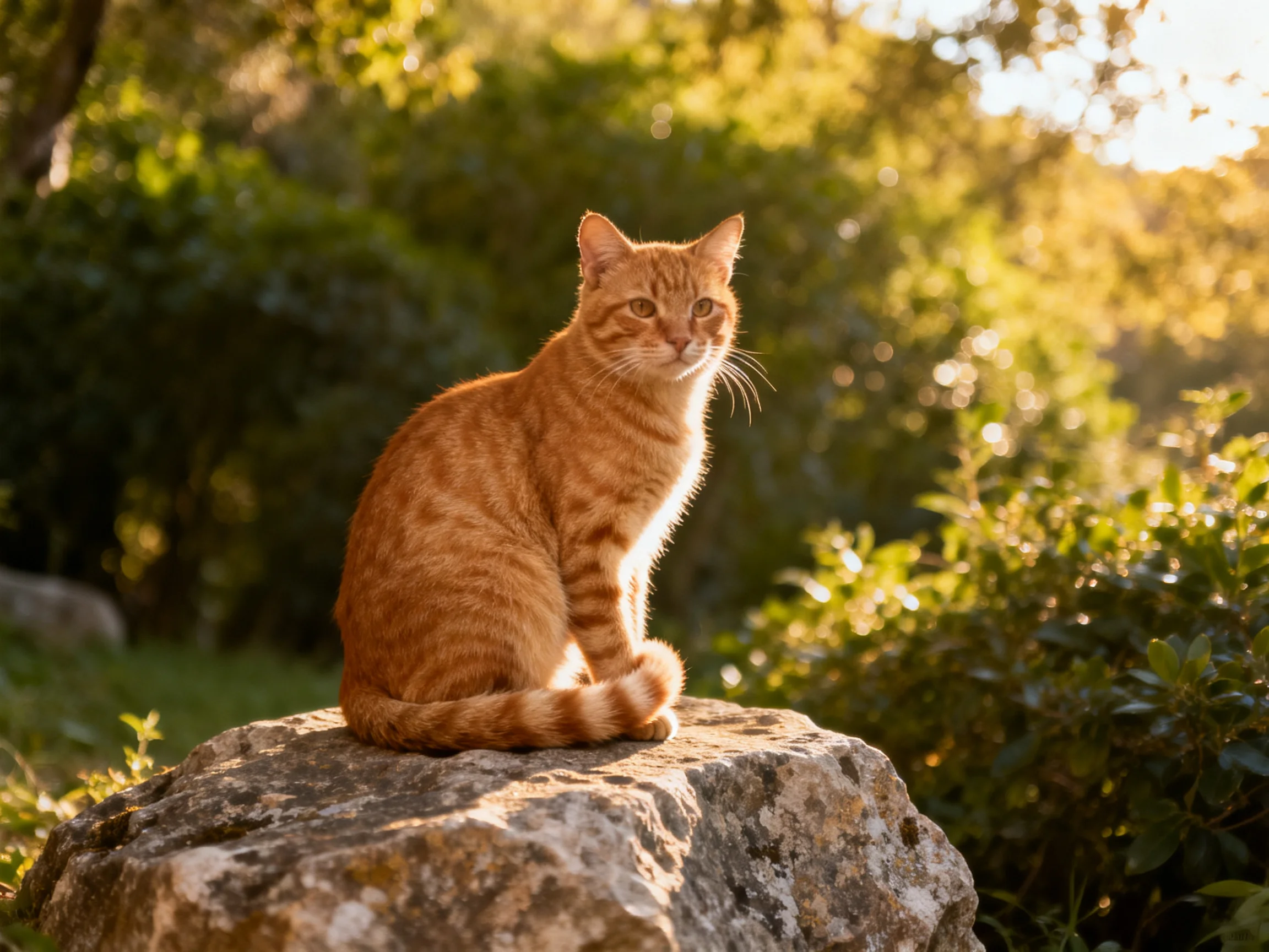 An orange tabby cat sits on a rock in a sunlit outdoor setting.