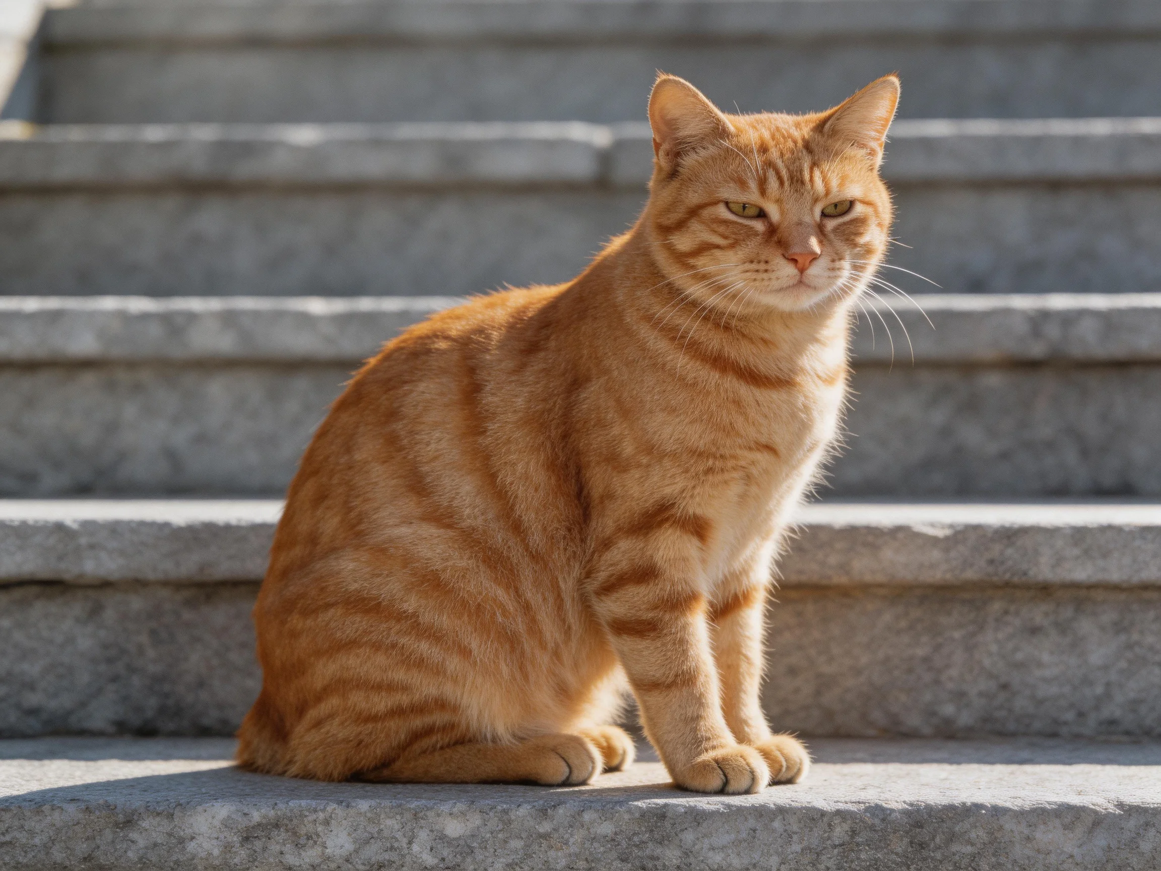 An orange tabby cat sits calmly on stone steps in bright daylight.