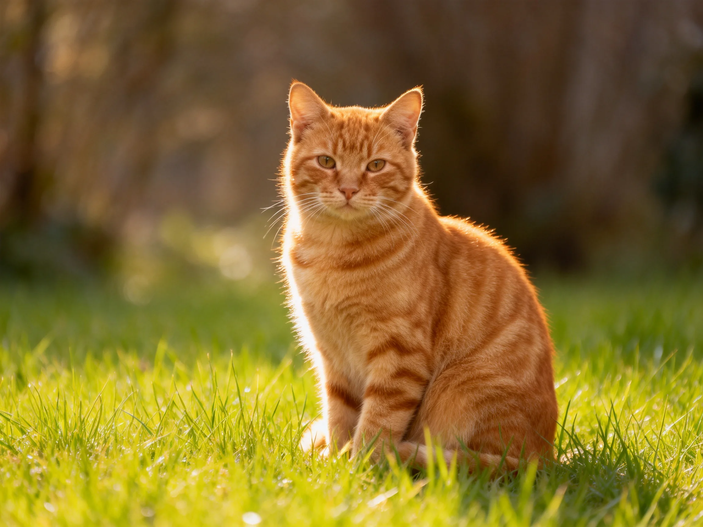 An orange tabby cat sits on green grass in a sunlit outdoor setting.