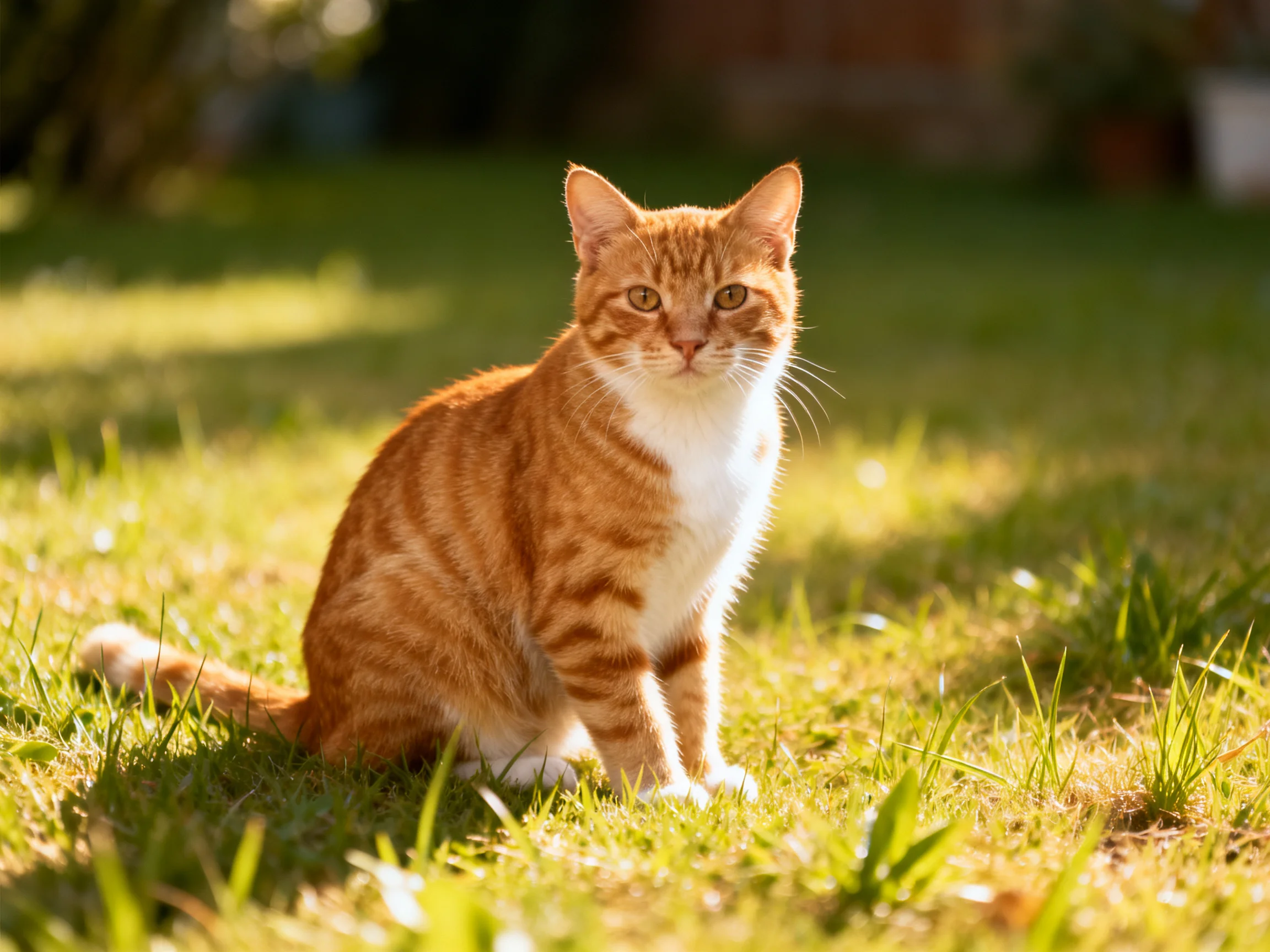 A single orange tabby cat sits calmly on sunlit grass.